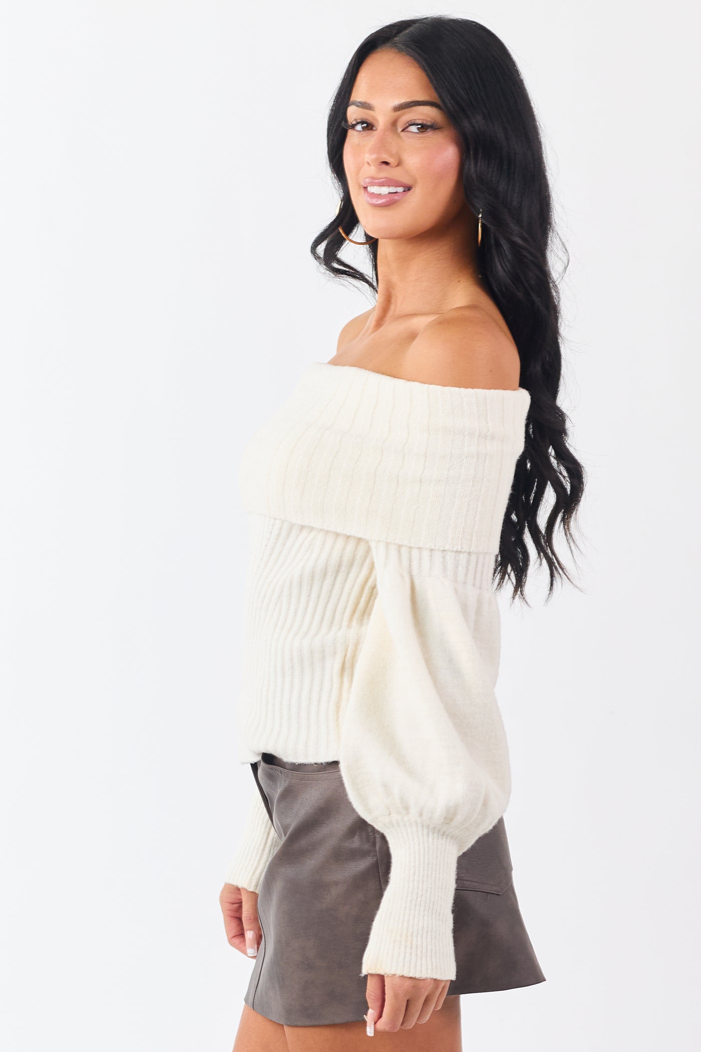 Cream Off Shoulder Long Puff Sleeve Sweater