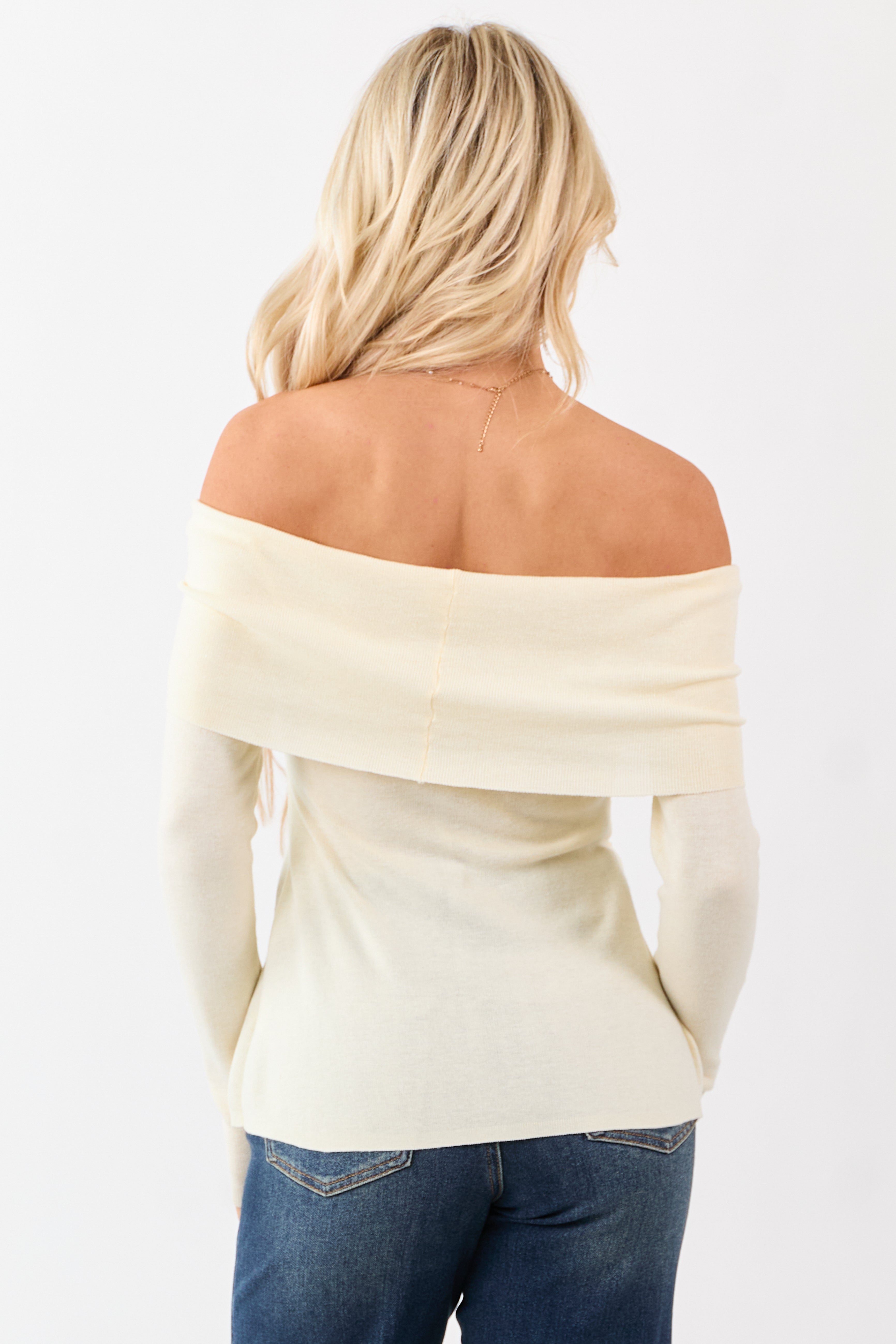 Cream Off Shoulder Wool Blend Side Slit Knit Top