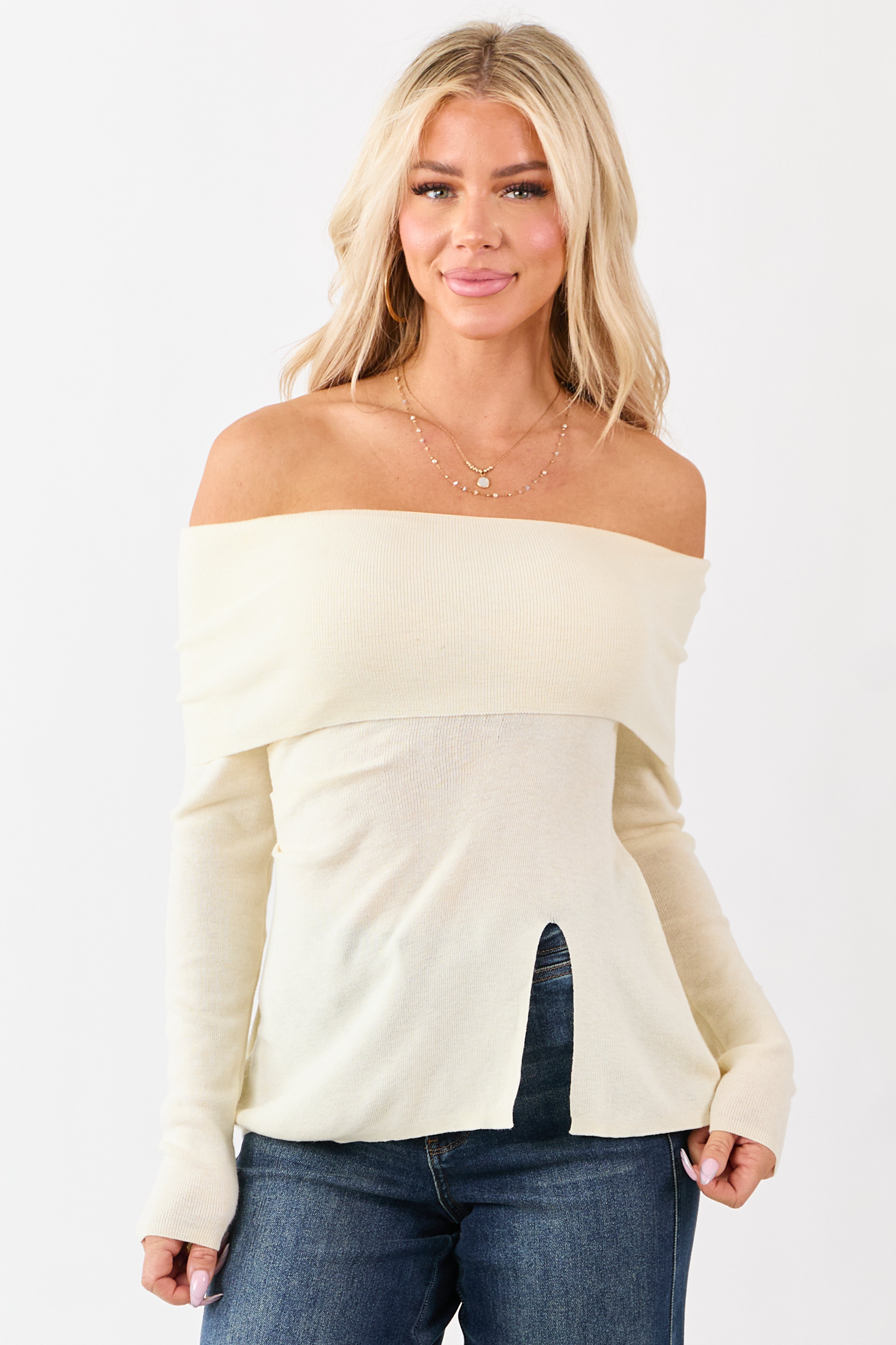 Cream Off Shoulder Wool Blend Side Slit Knit Top