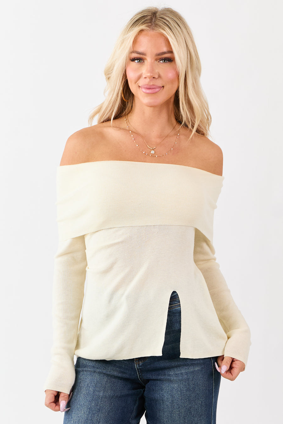 Cream Off Shoulder Wool Blend Side Slit Knit Top