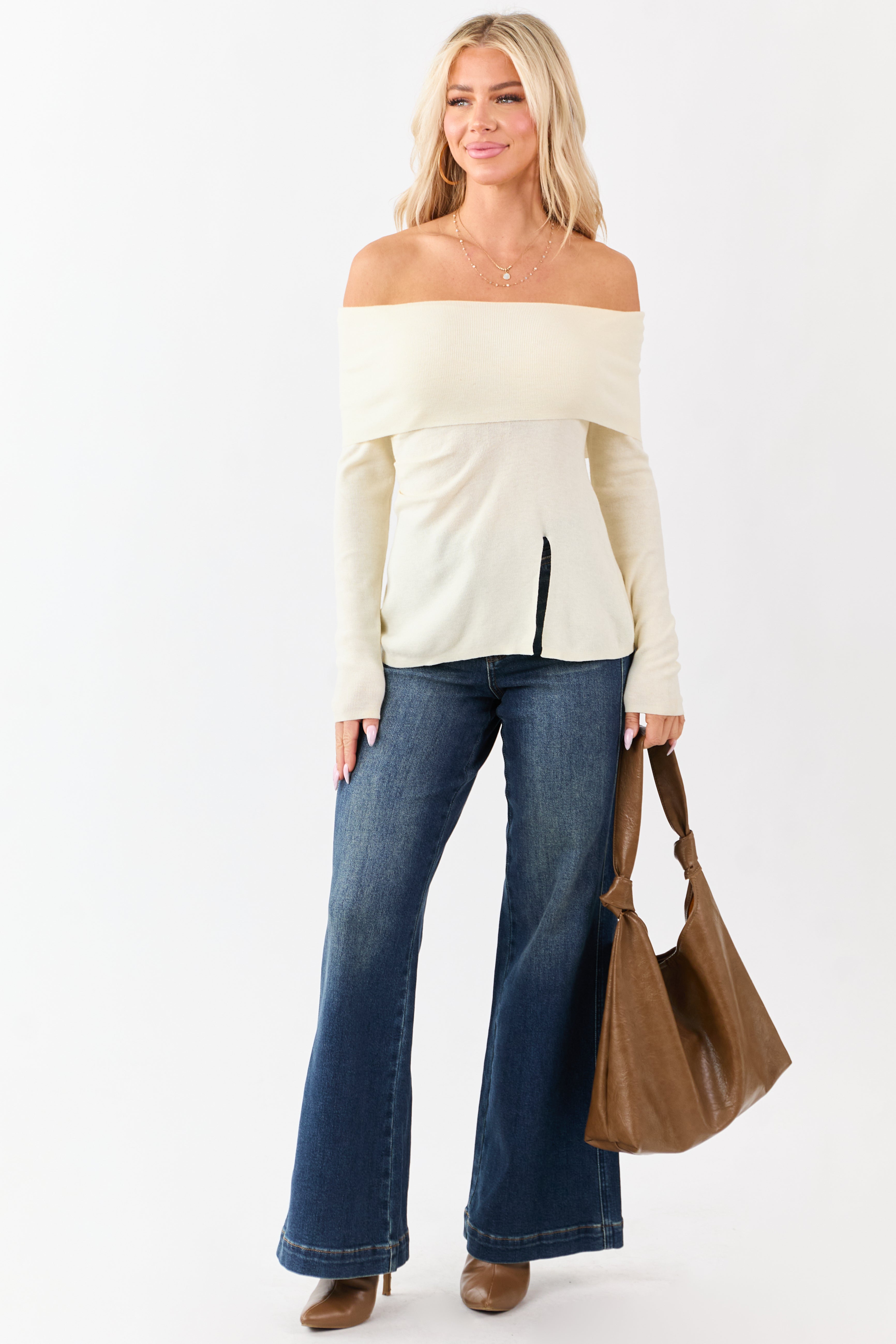 Cream Off Shoulder Wool Blend Side Slit Knit Top