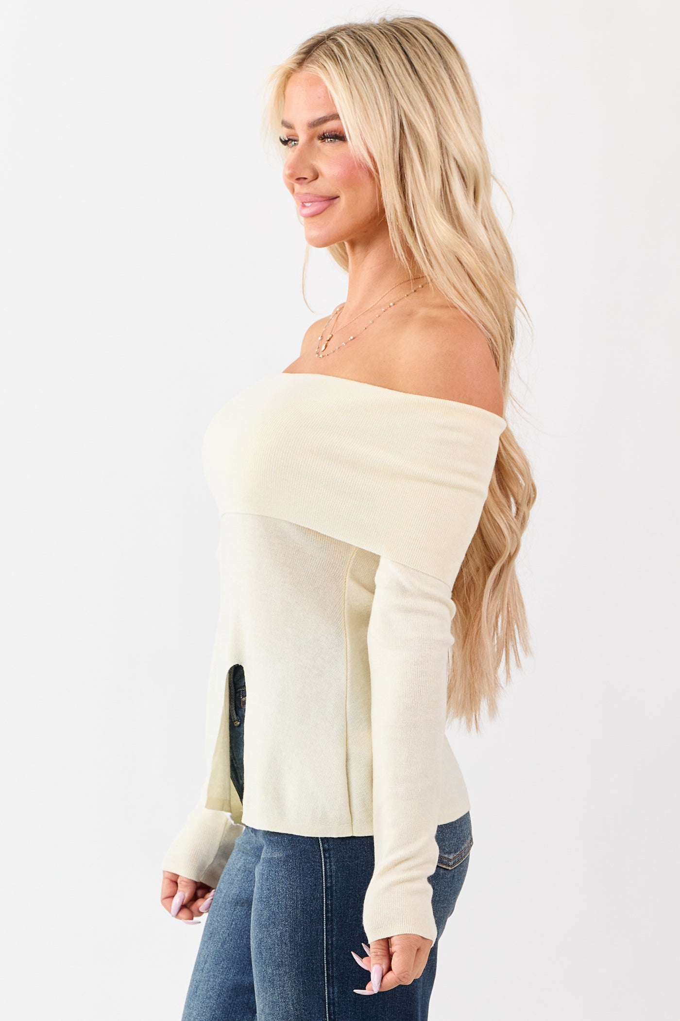 Cream Off Shoulder Wool Blend Side Slit Knit Top