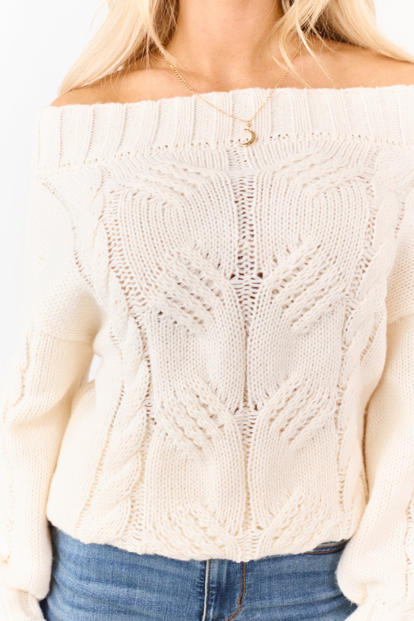 Cream Off the Shoulder Cable Knit Sweater