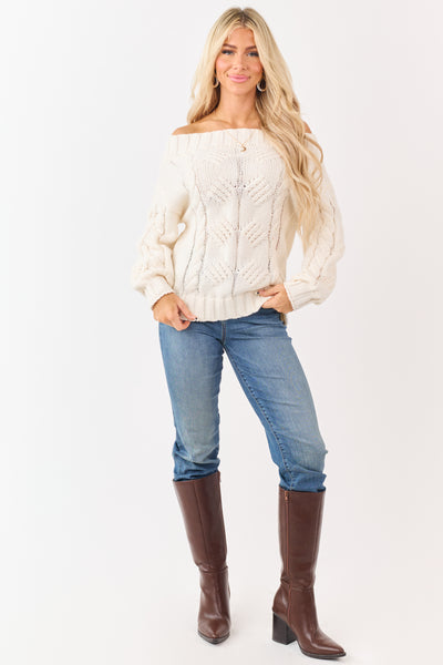 Cream Off the Shoulder Cable Knit Sweater