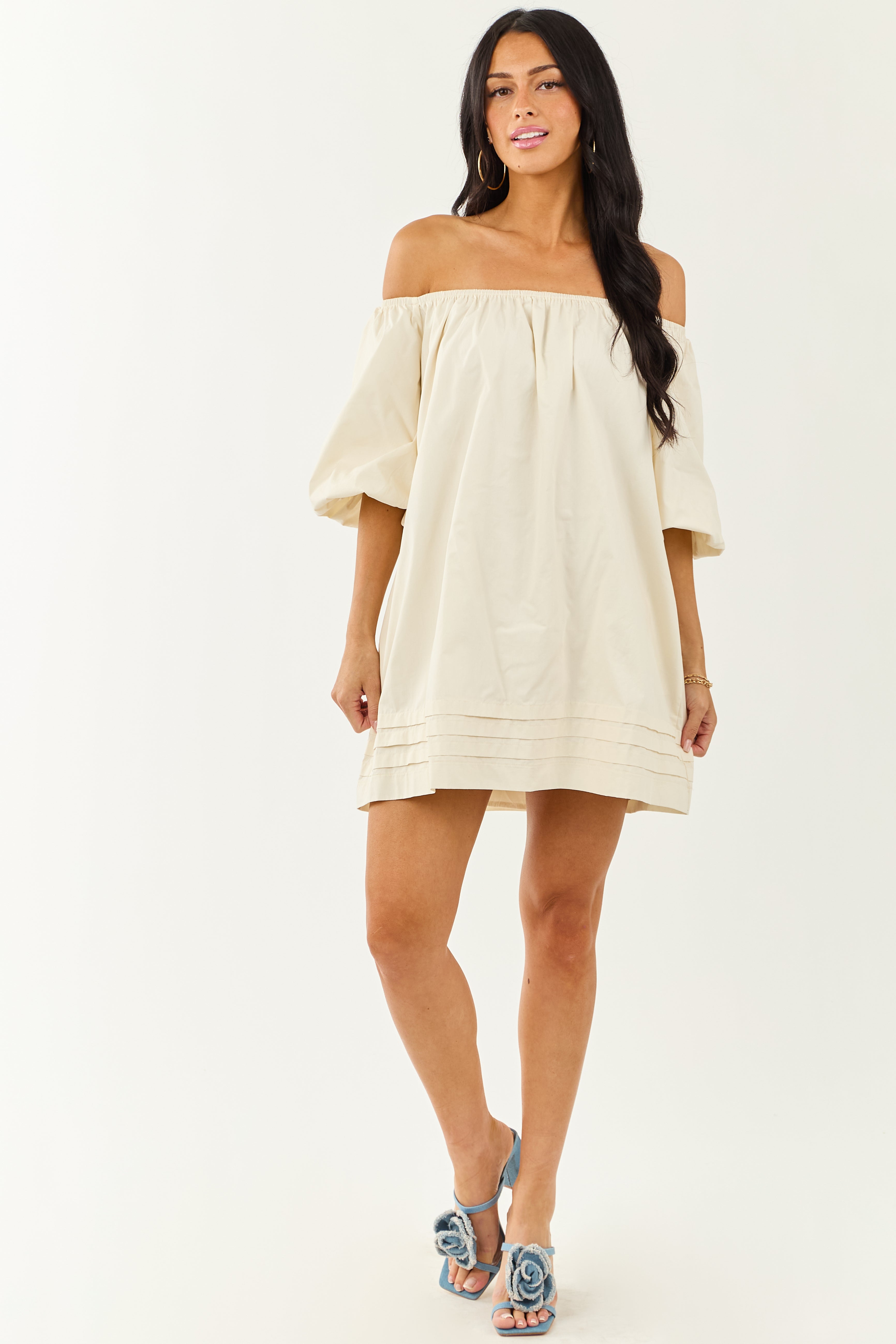 Cream Off the Shoulder Cotton Mini Dress
