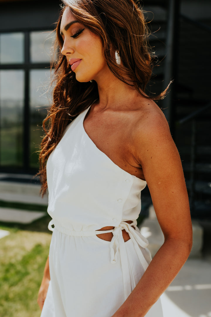 Cream One Shoulder Waist Cut Out Romper