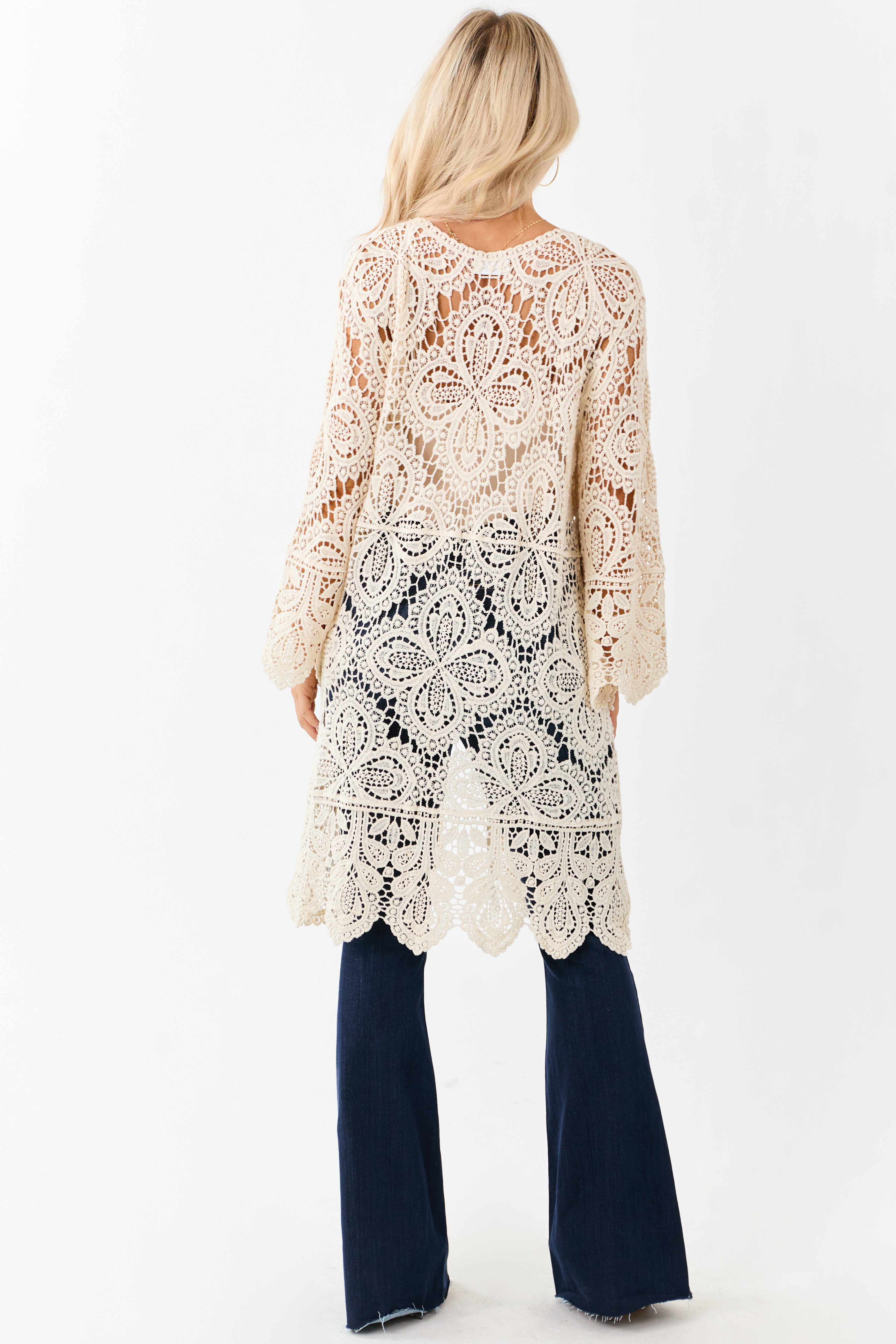 Cream Open Crochet Bell Sleeve Cotton Duster Cardigan