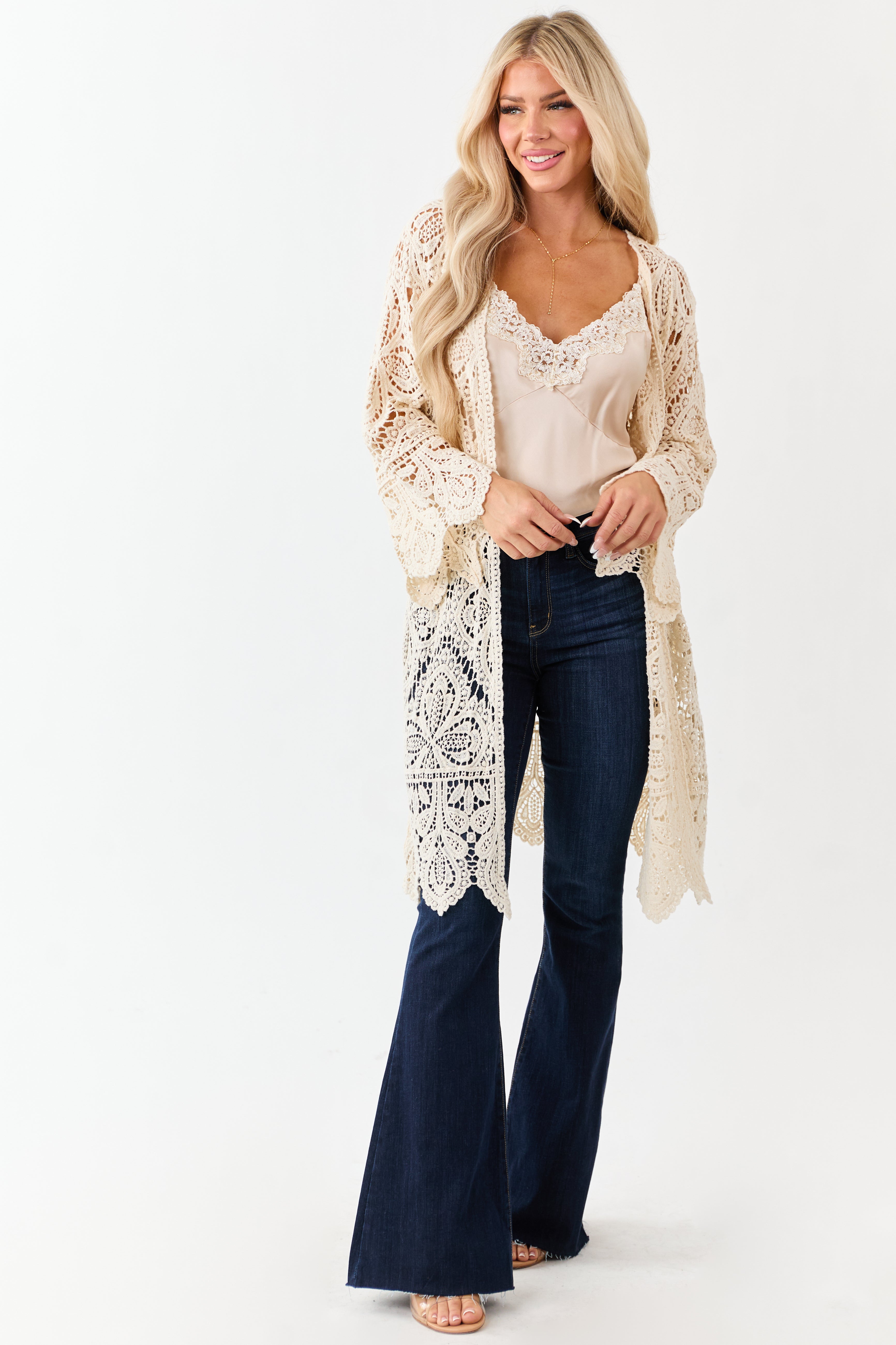 Cream Open Crochet Bell Sleeve Cotton Duster Cardigan | Lime Lush
