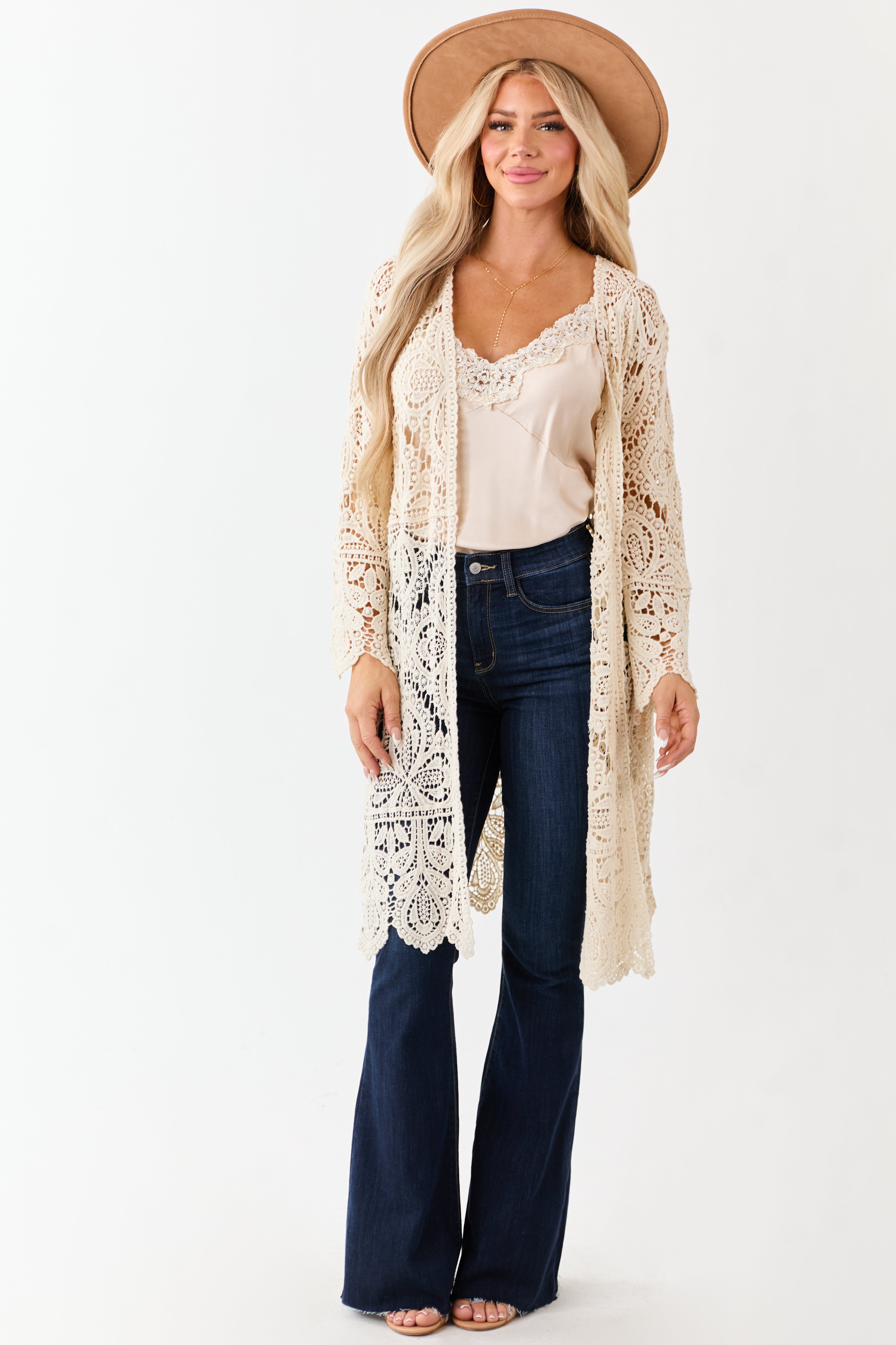 Cream Open Crochet Bell Sleeve Cotton Duster Cardigan