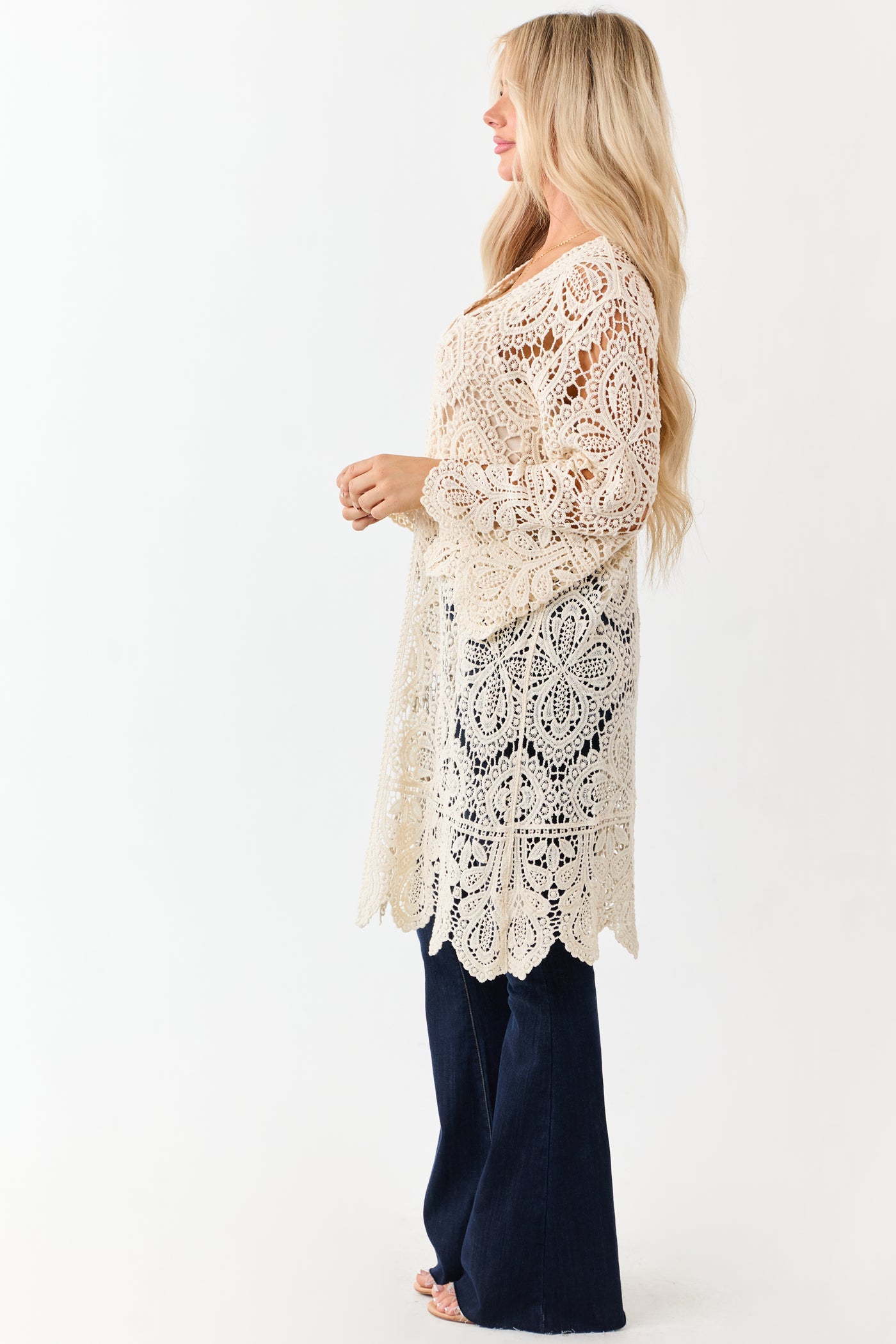 Cream Open Crochet Bell Sleeve Cotton Duster Cardigan