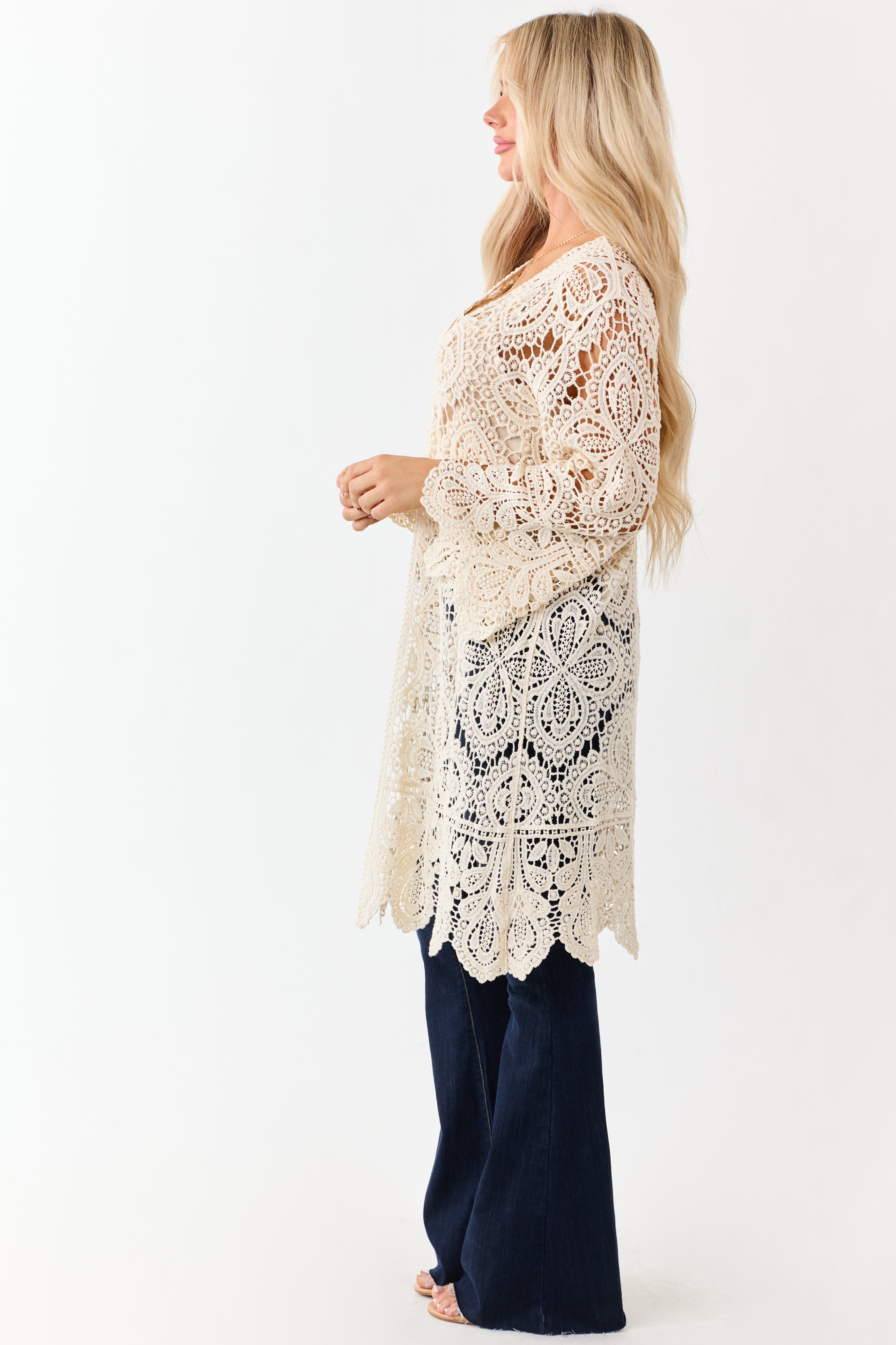 Cream Open Crochet Bell Sleeve Cotton Duster Cardigan