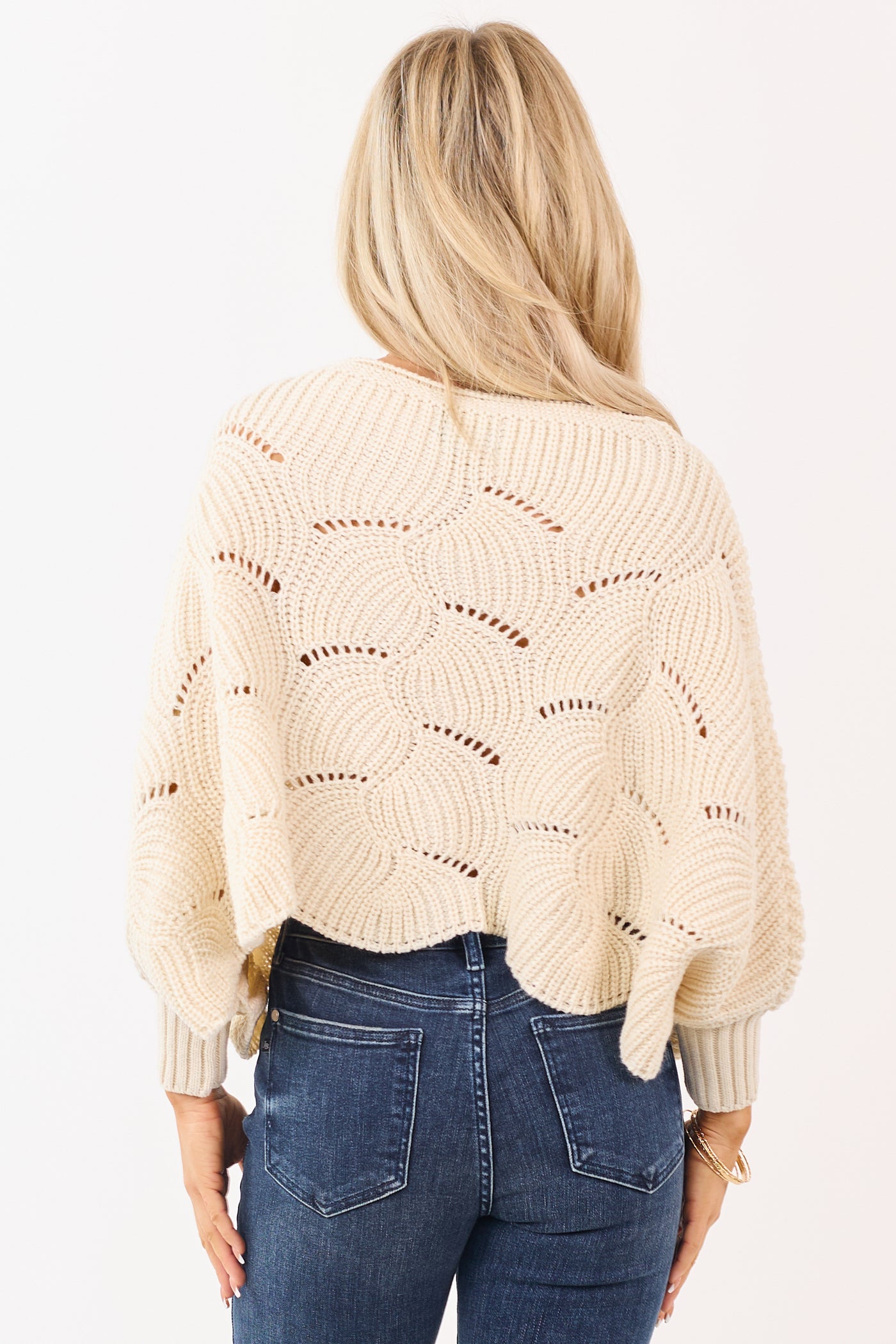 Cream Open Knit Dolman Sleeve Crop Sweater Poncho