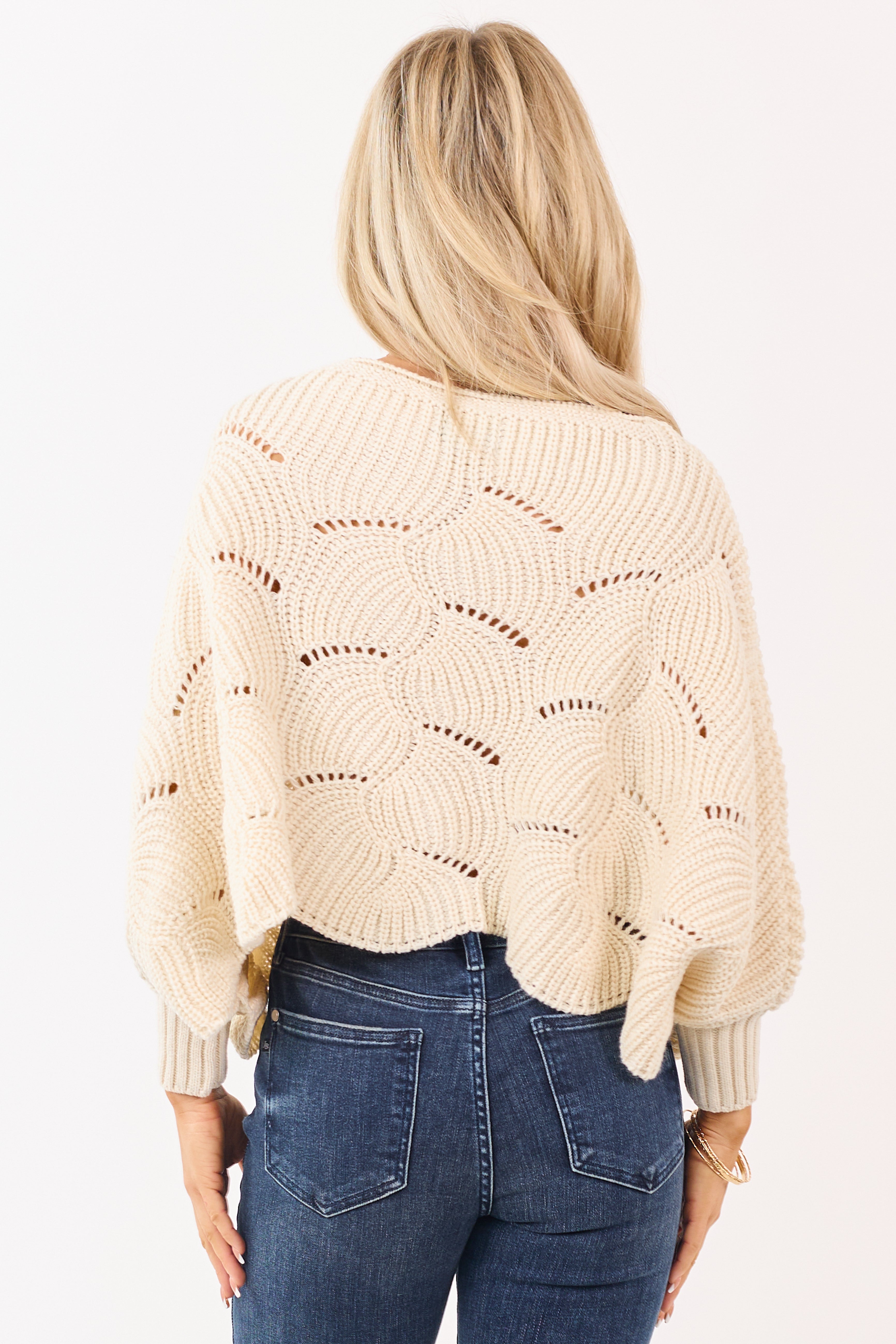 Cream Open Knit Dolman Sleeve Crop Sweater Poncho