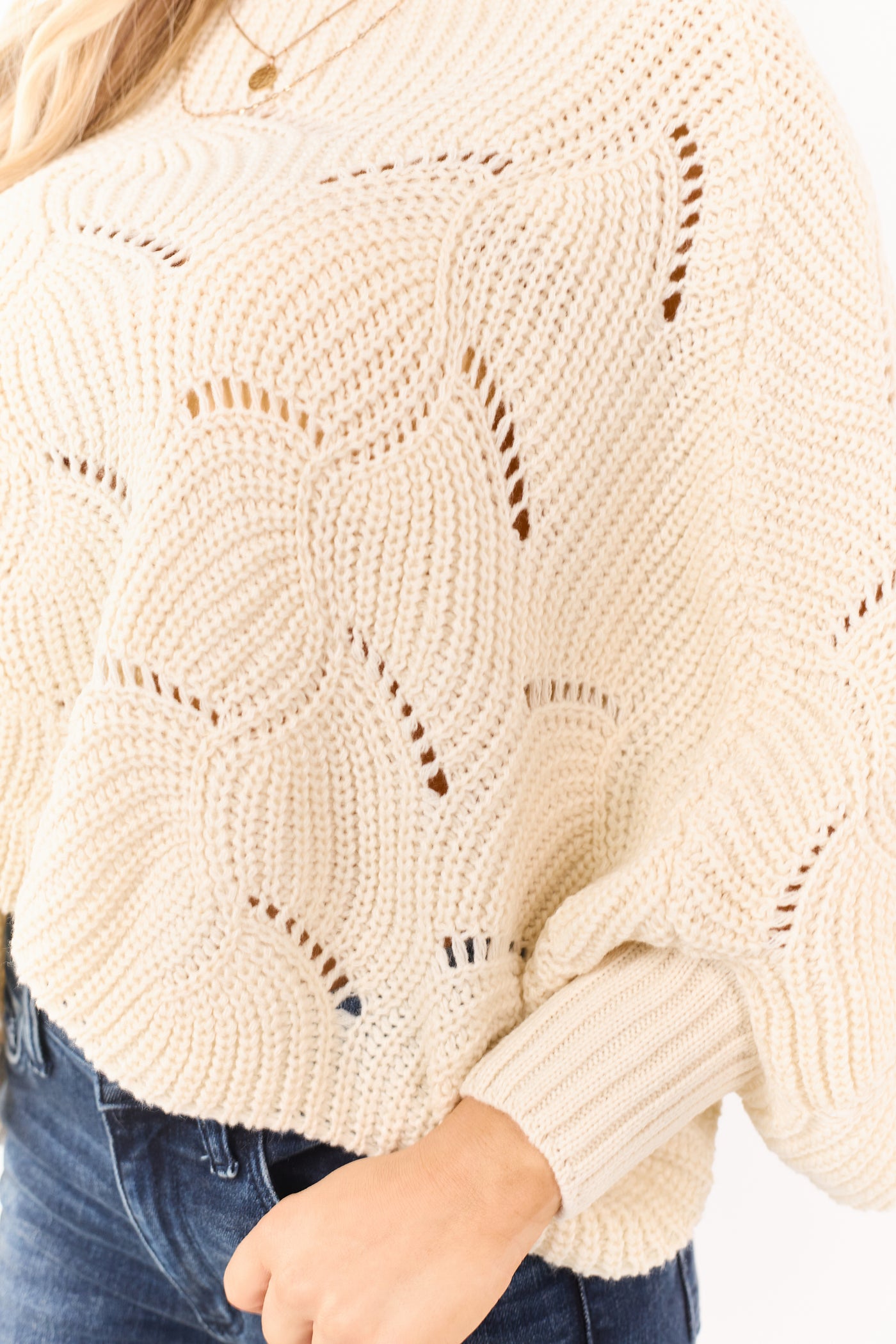 Cream Open Knit Dolman Sleeve Crop Sweater Poncho