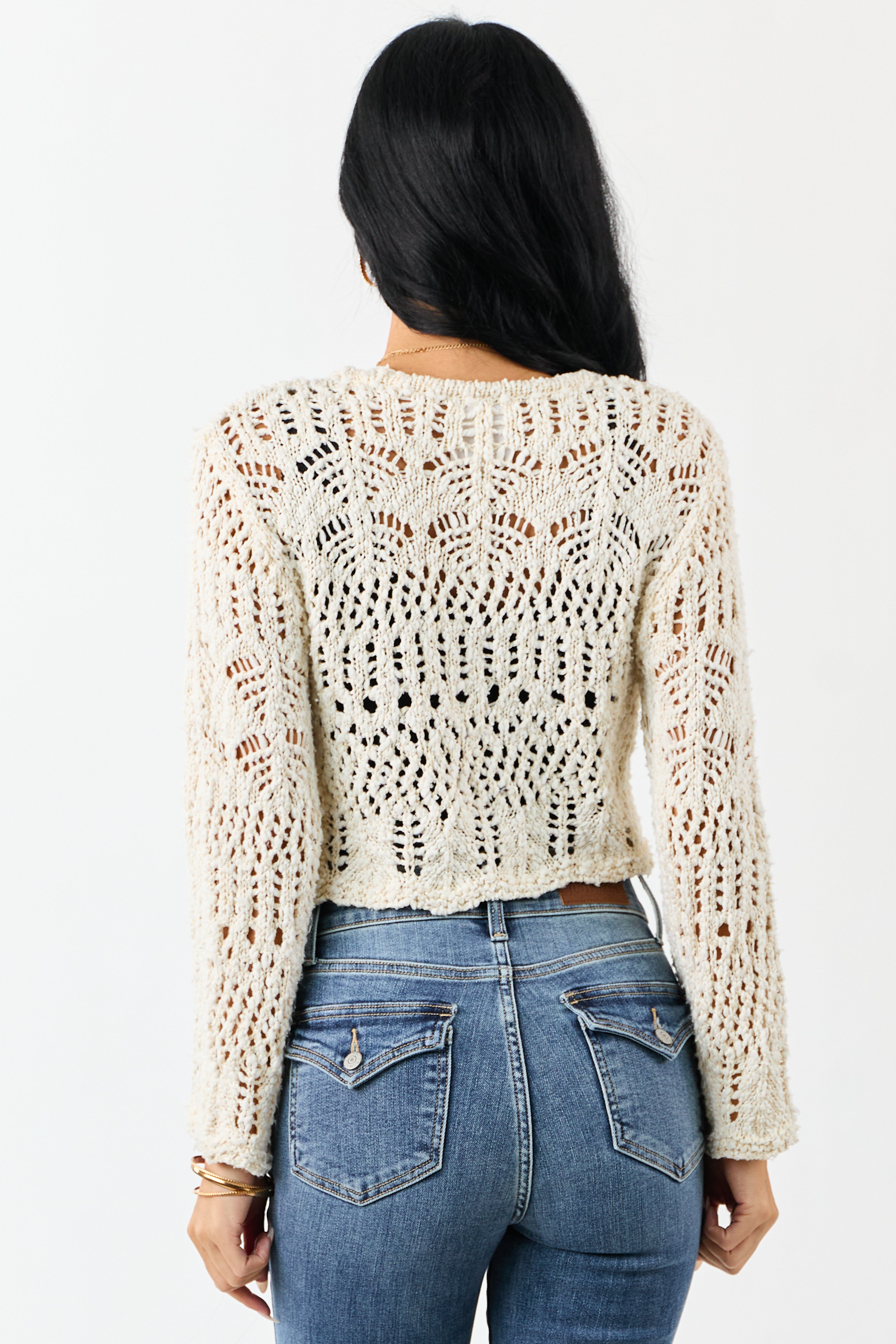 Cream Open Knit Two Tie Long Sleeve Cardigan