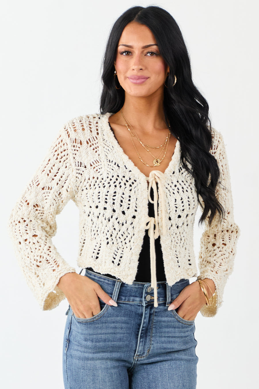 Cream Open Knit Two Tie Long Sleeve Cardigan