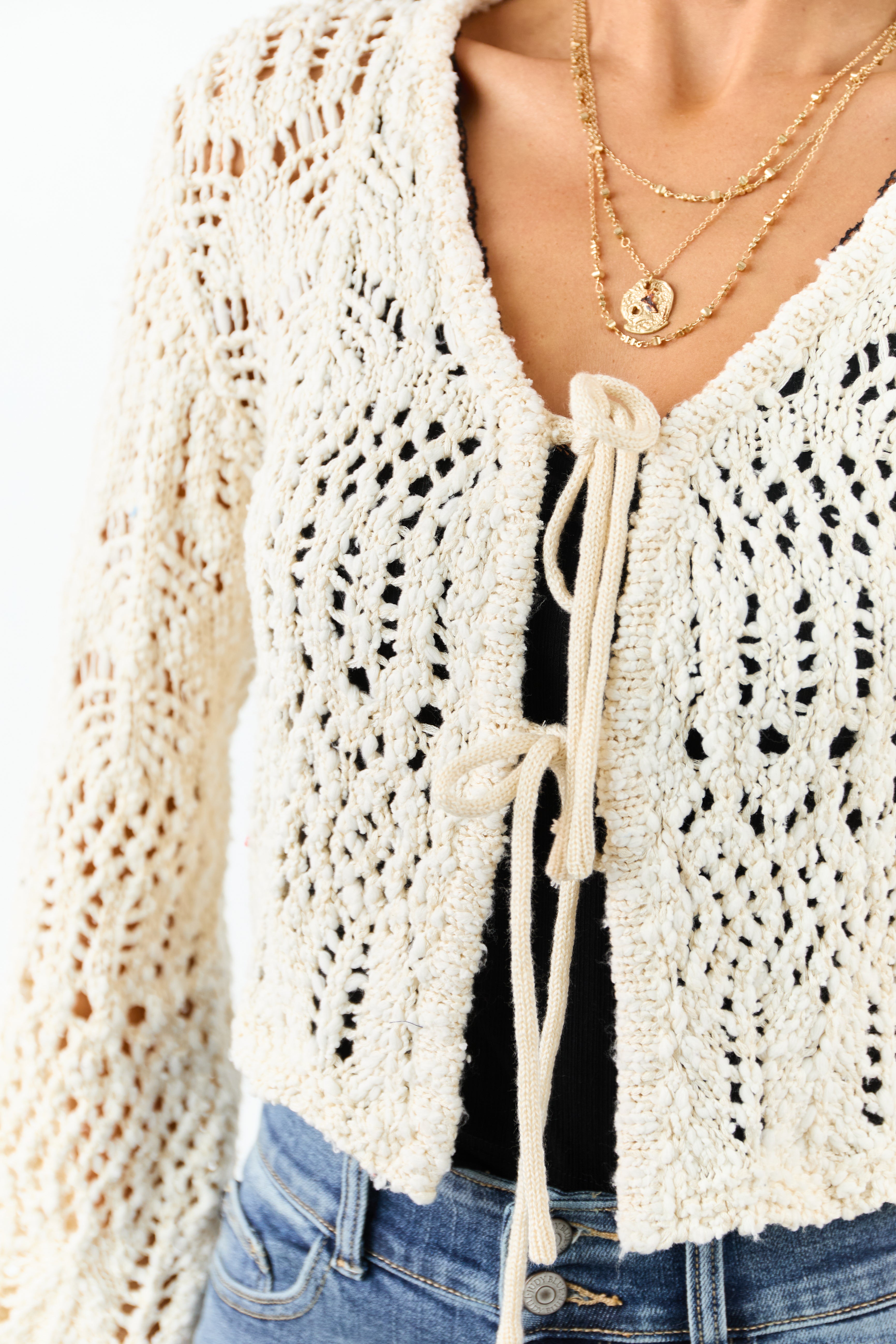 Cream Open Knit Two Tie Long Sleeve Cardigan