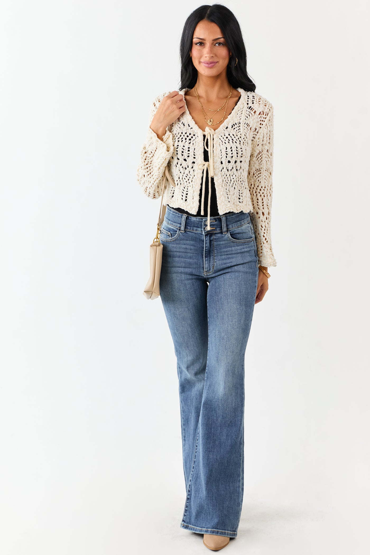 Cream Open Knit Two Tie Long Sleeve Cardigan