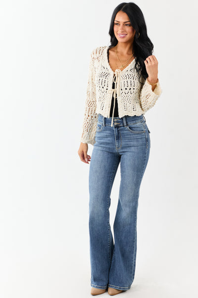 Cream Open Knit Two Tie Long Sleeve Cardigan