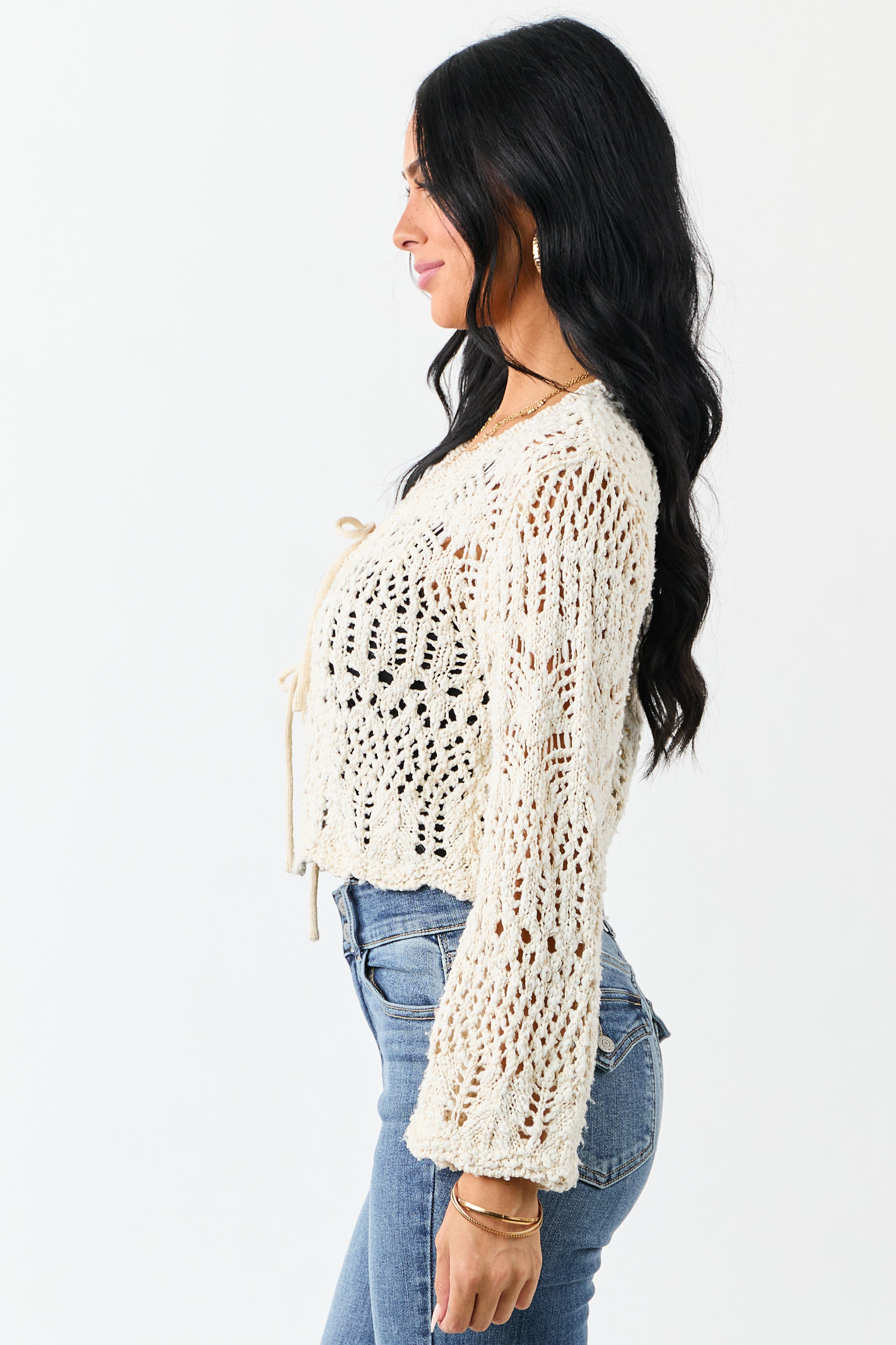 Cream Open Knit Two Tie Long Sleeve Cardigan