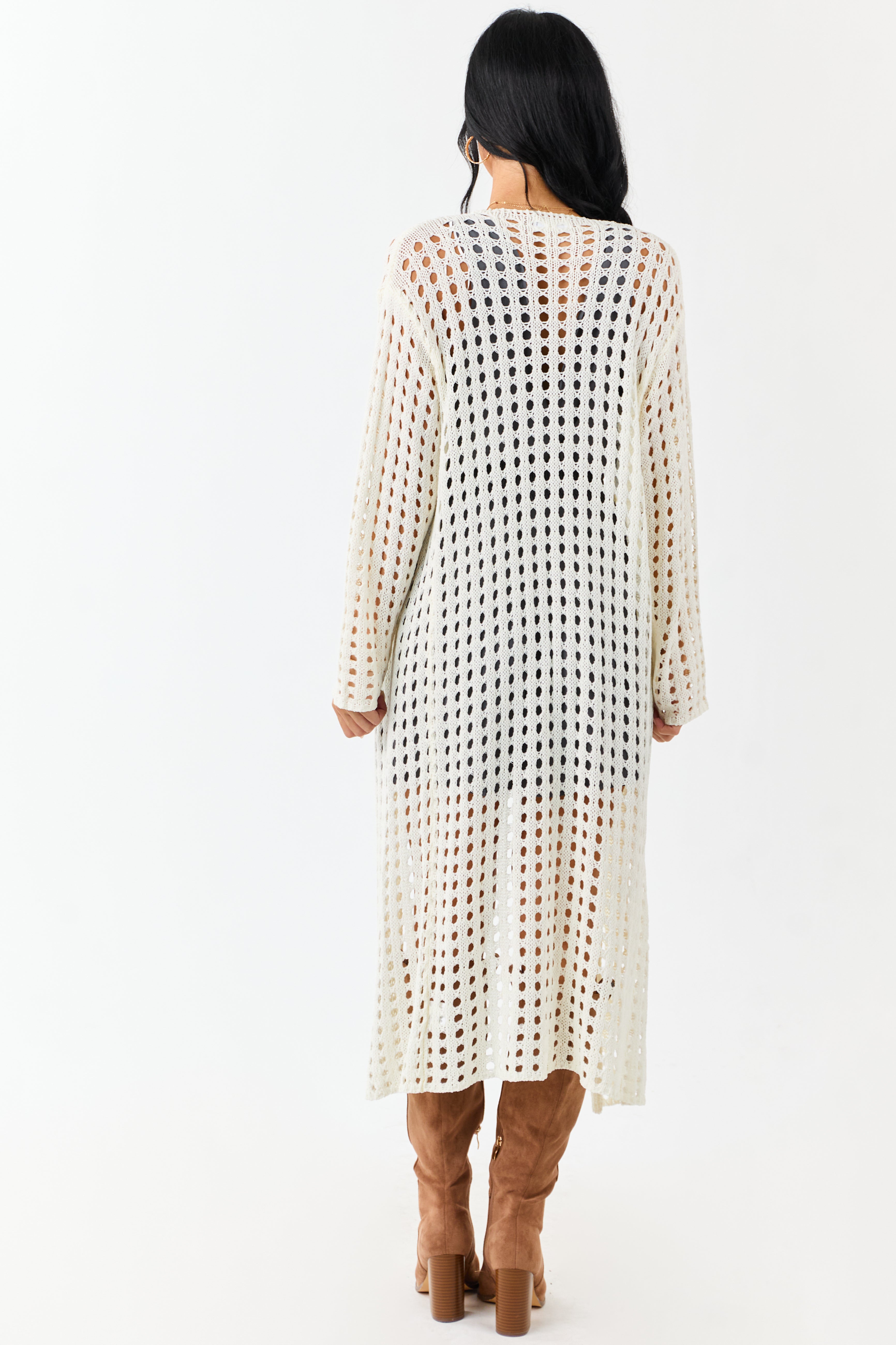 Cream Open Knit Wide Sleeve Duster Cardigan