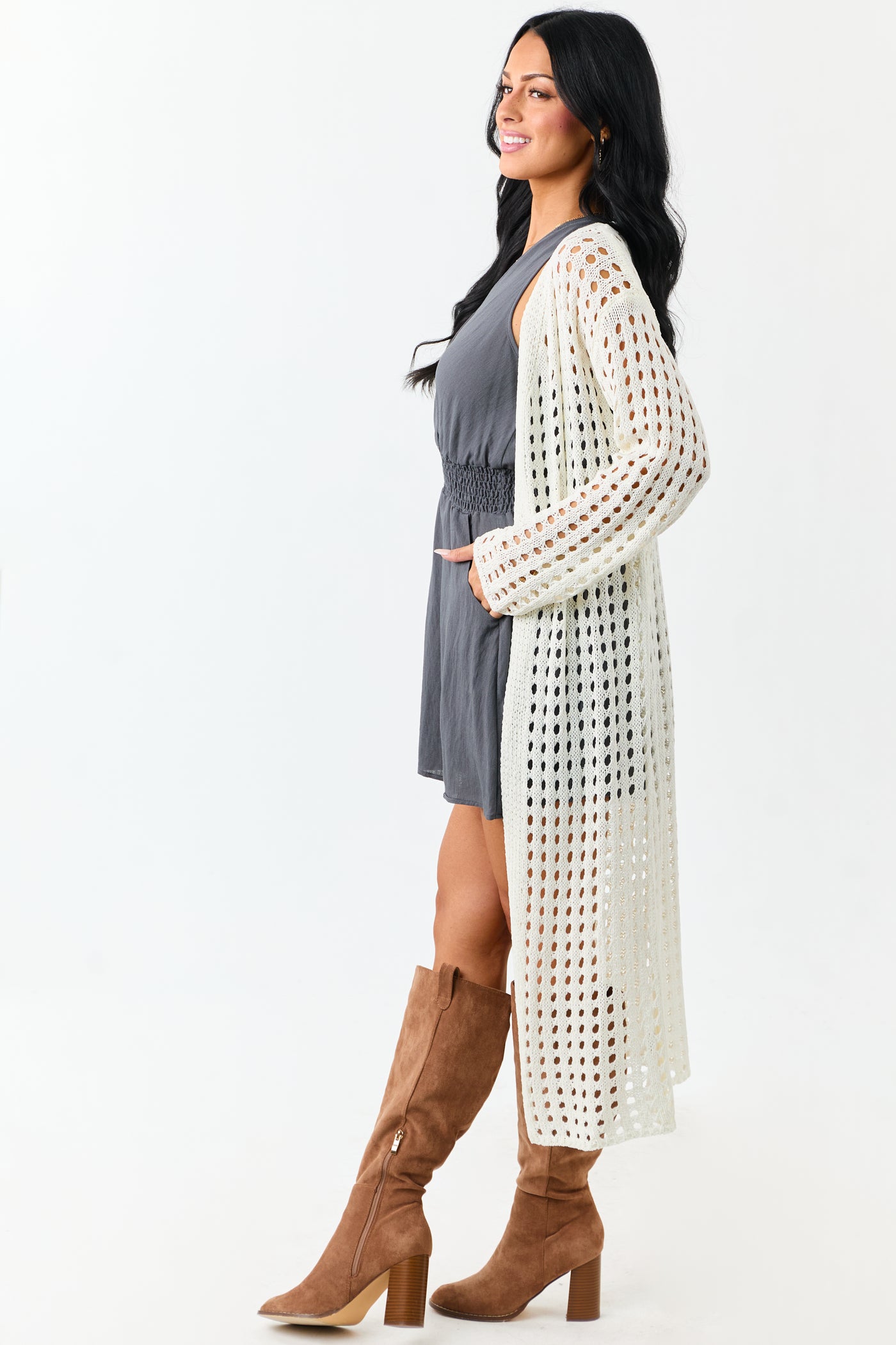 Cream Open Knit Wide Sleeve Duster Cardigan