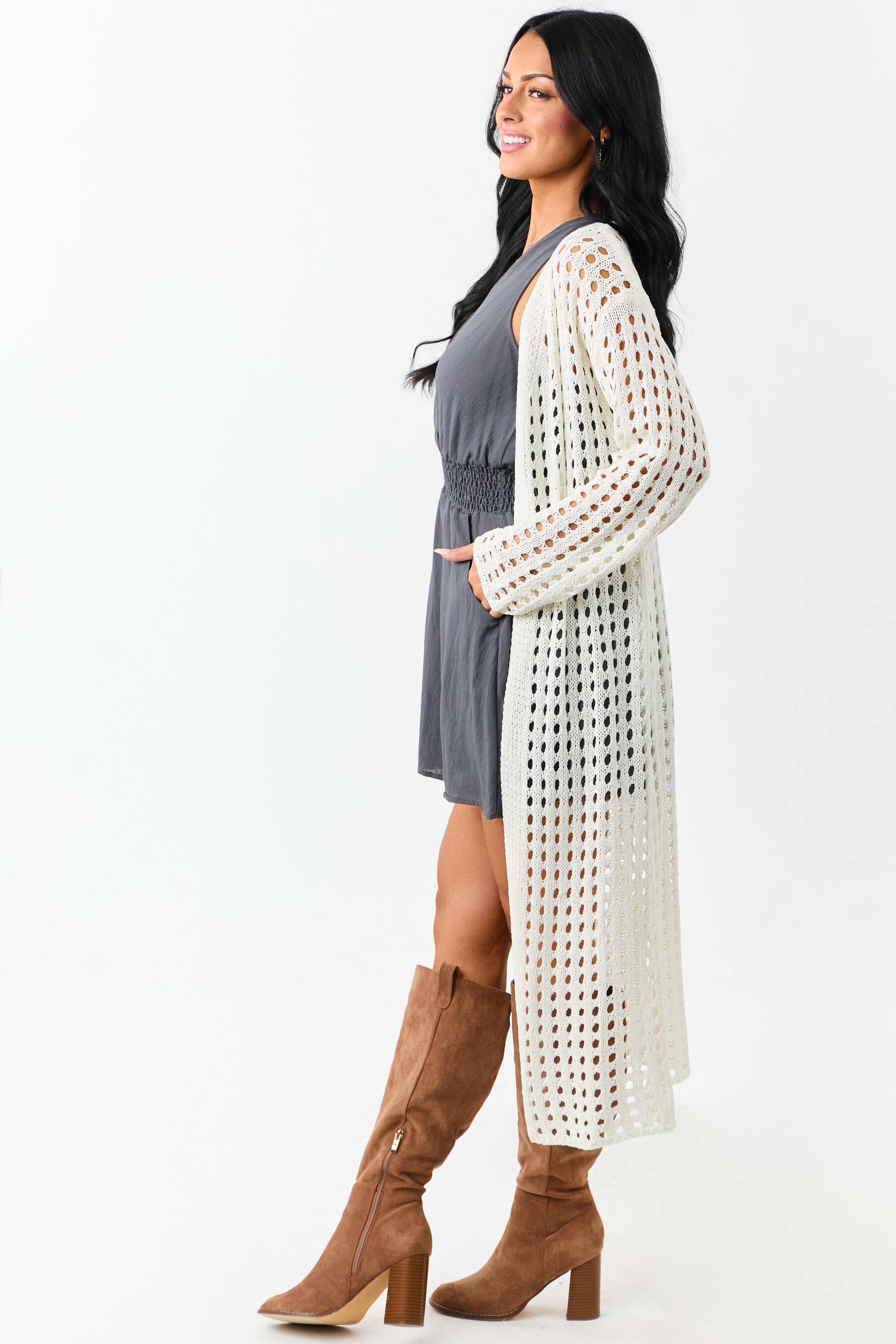 Cream Open Knit Wide Sleeve Duster Cardigan
