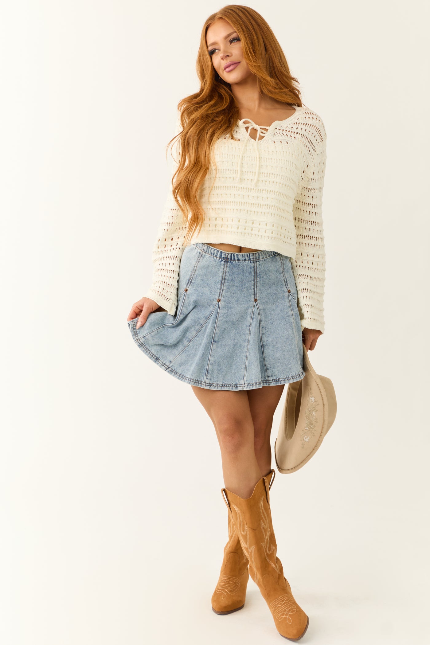 Cream Open Pattern Knit Cropped Sweater
