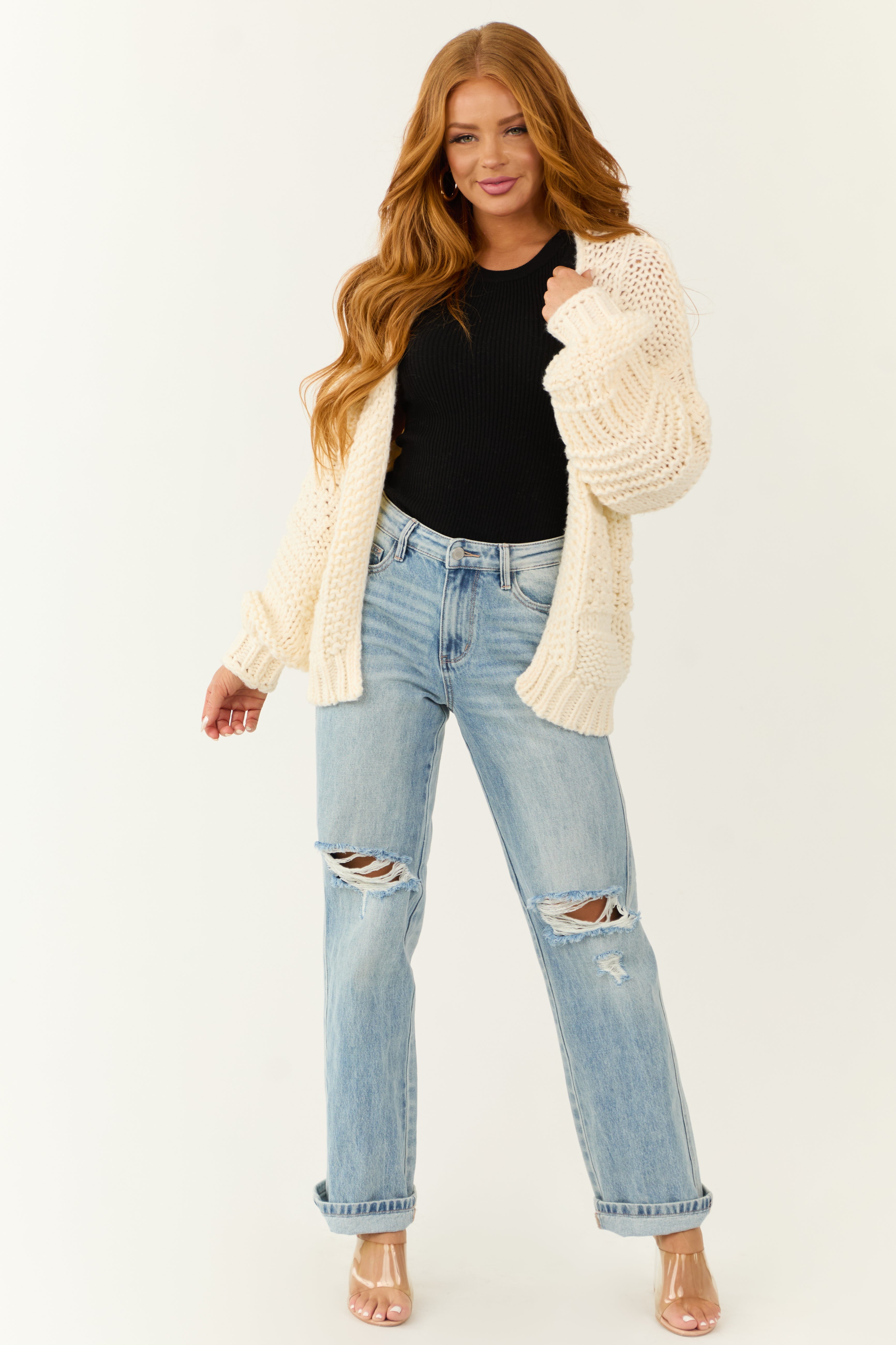 トップス OVY Lamb Wool Crew Neck Cardigan (beige) Evelyn Oversized Open-Front Knit Cardigan (Oat) – La Belle Boutique