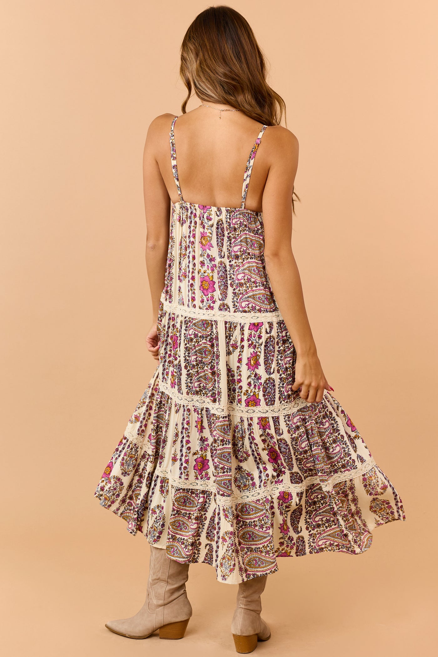 Cream Paisley Floral Print Tiered V-Neck Midi Dress