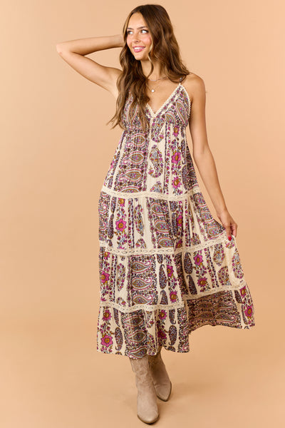 Cream Paisley Floral Print Tiered V-Neck Midi Dress