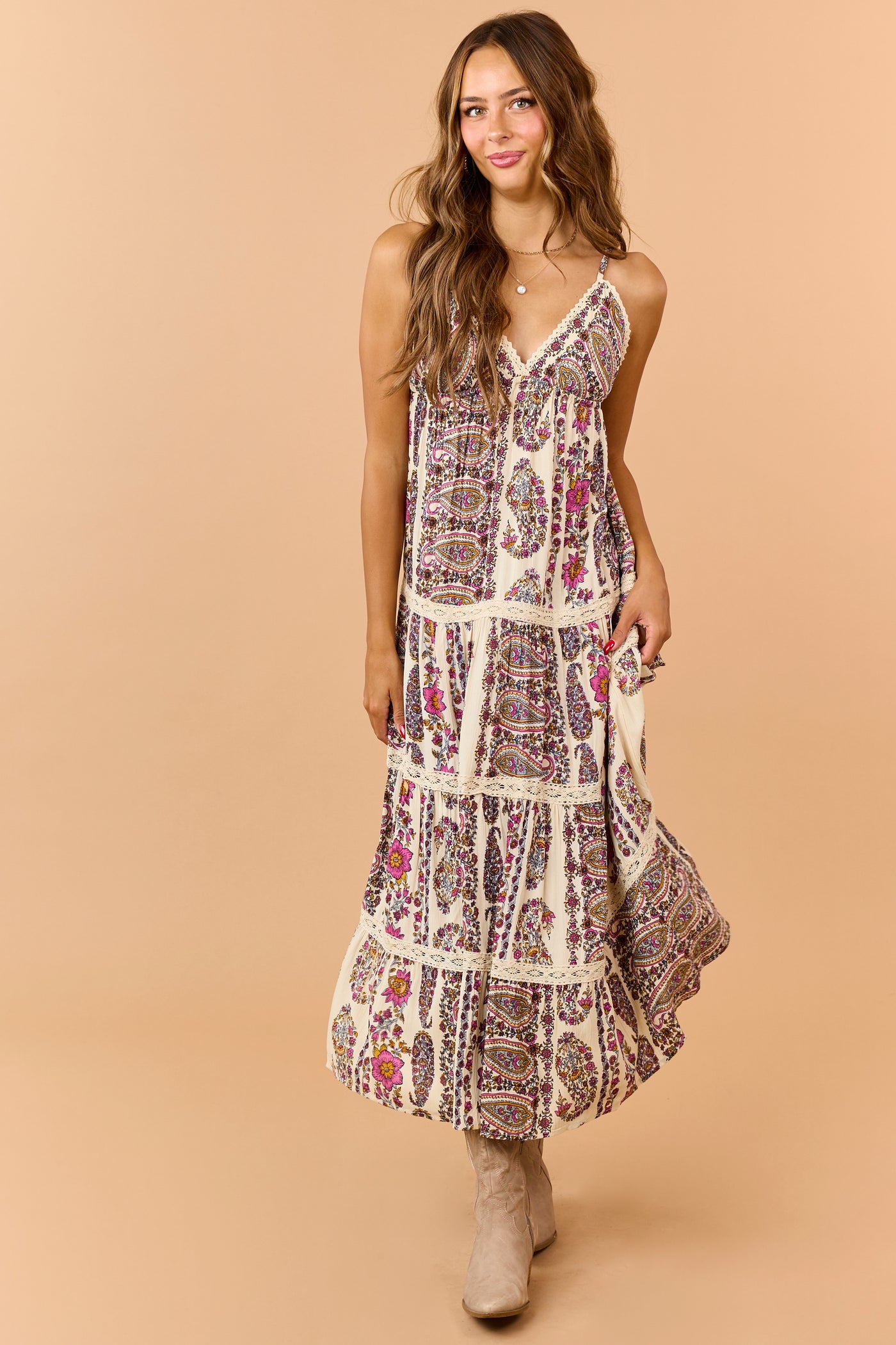 Cream Paisley Floral Print Tiered V-Neck Midi Dress