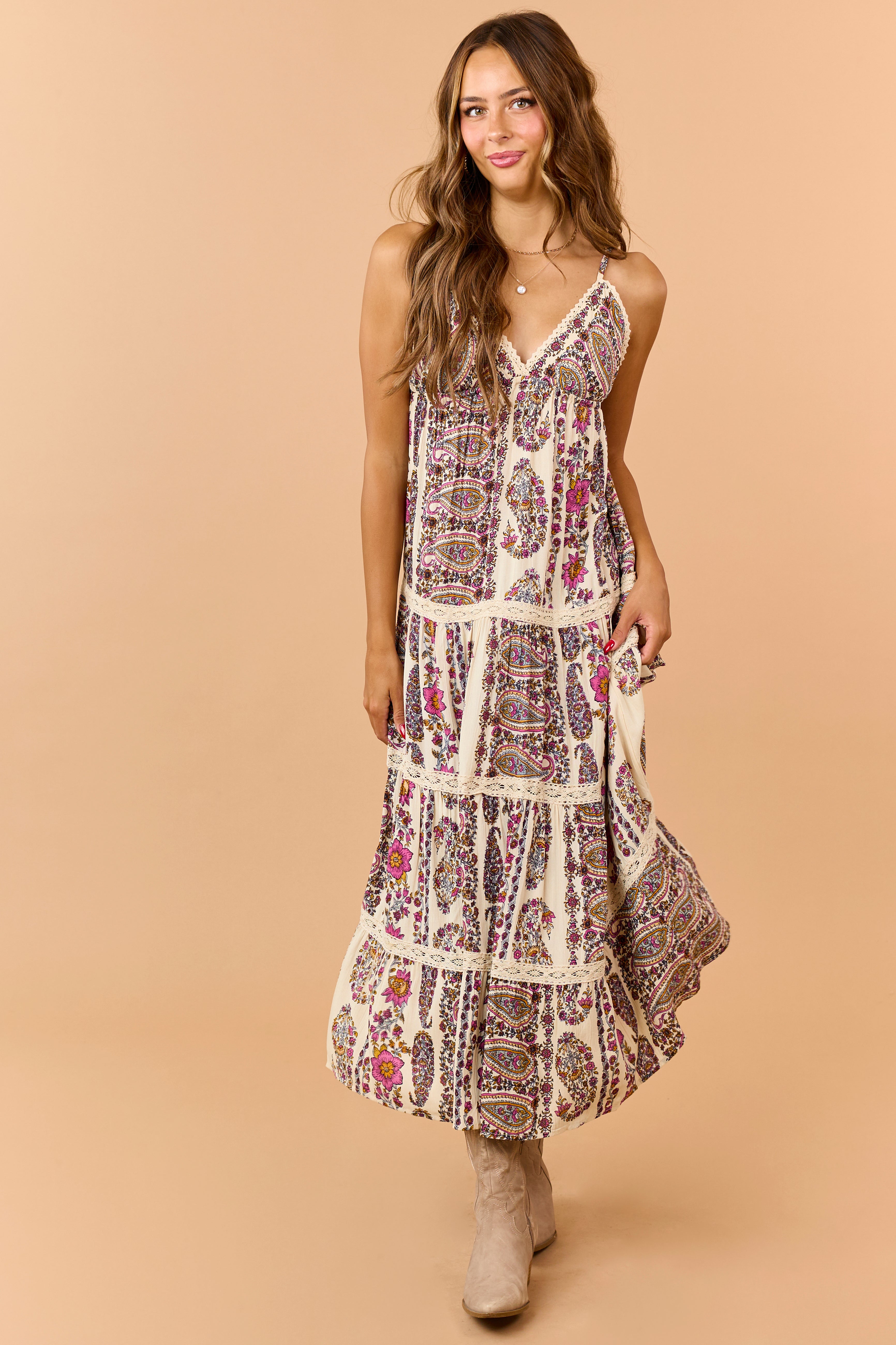 Cream Paisley Floral Print Tiered V-Neck Midi Dress