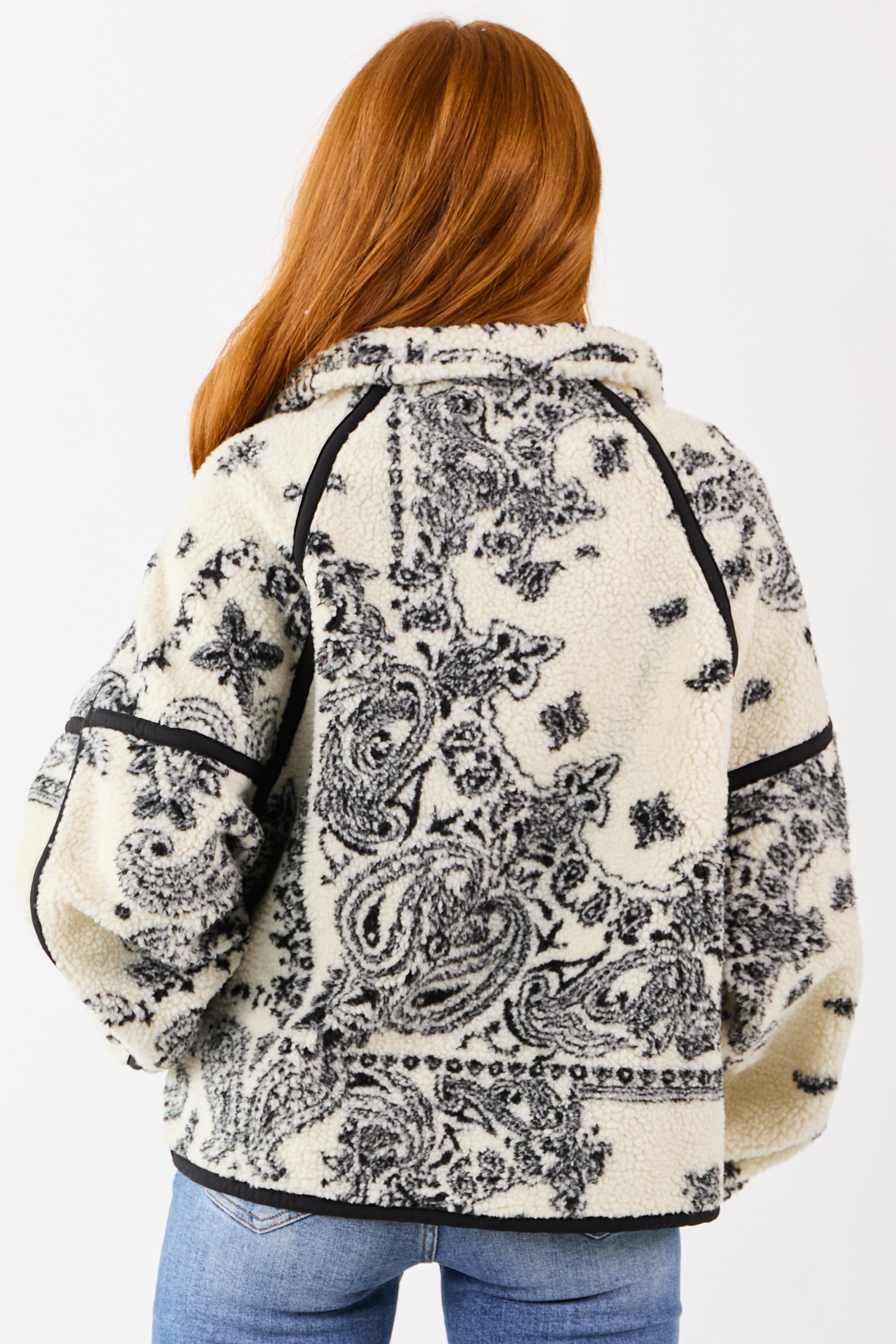 Cream Paisley Half Zip Up Sherpa Pullover Jacket
