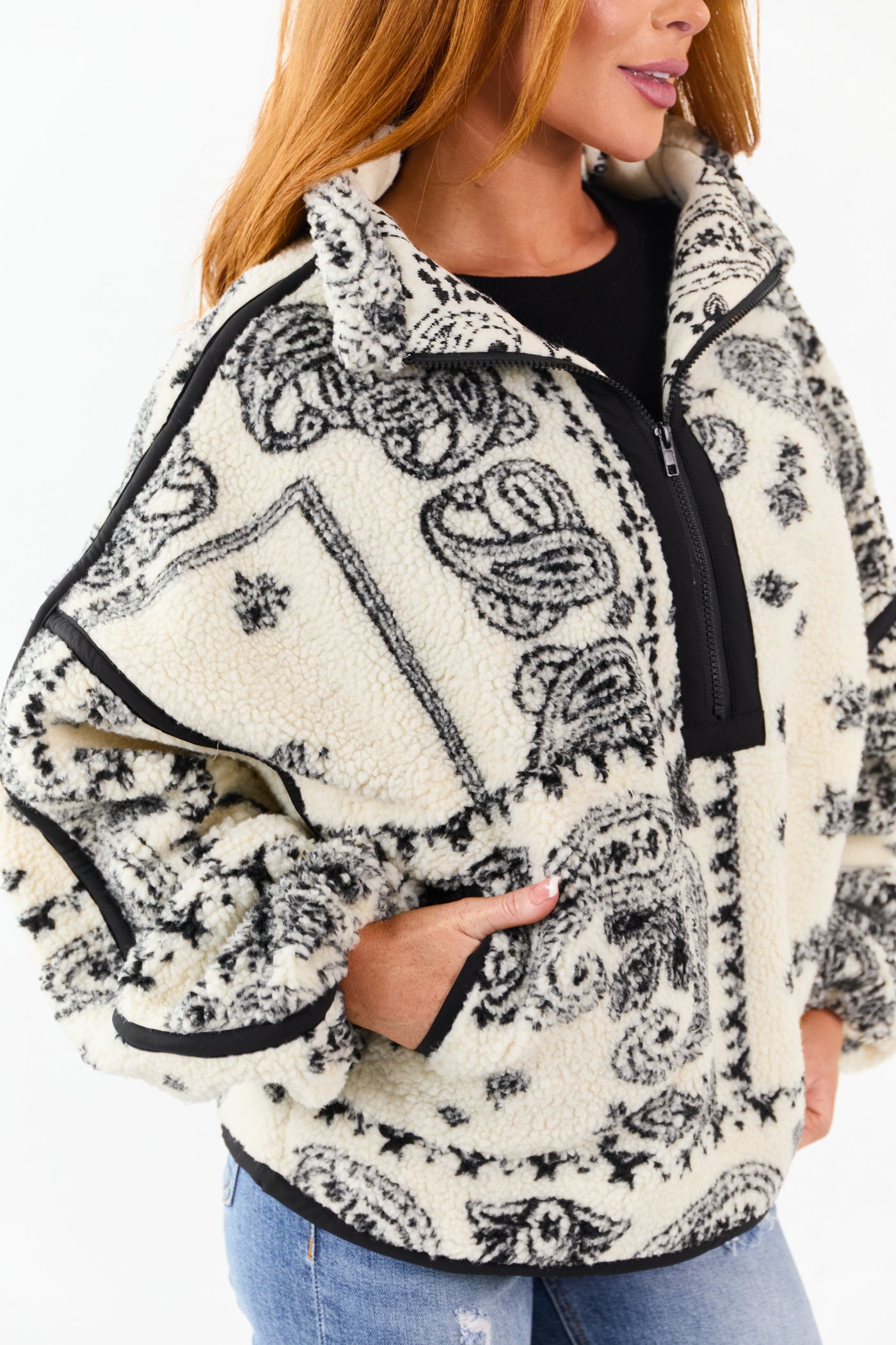 Cream Paisley Half Zip Up Sherpa Pullover Jacket