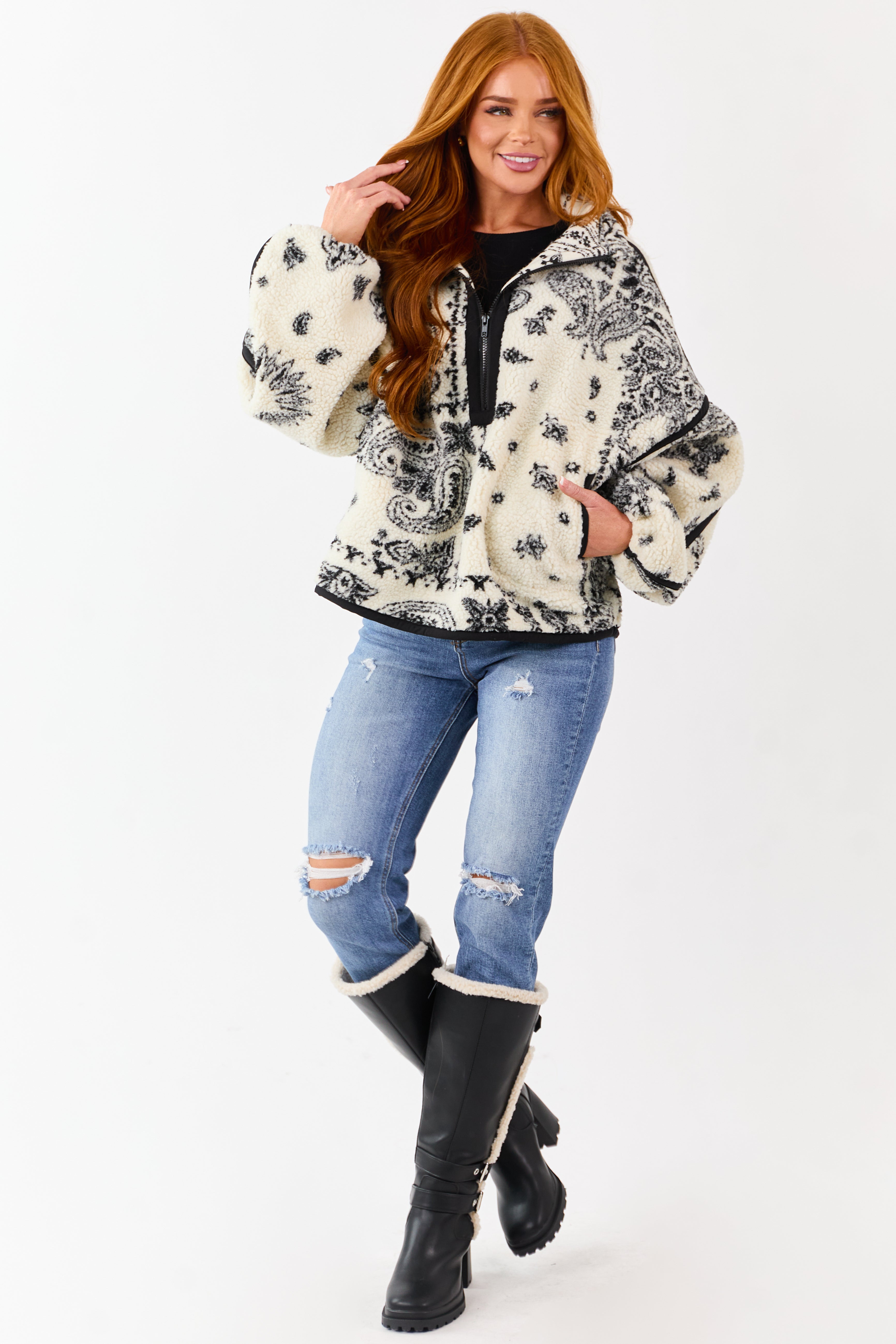 Cream Paisley Half Zip Up Sherpa Pullover Jacket