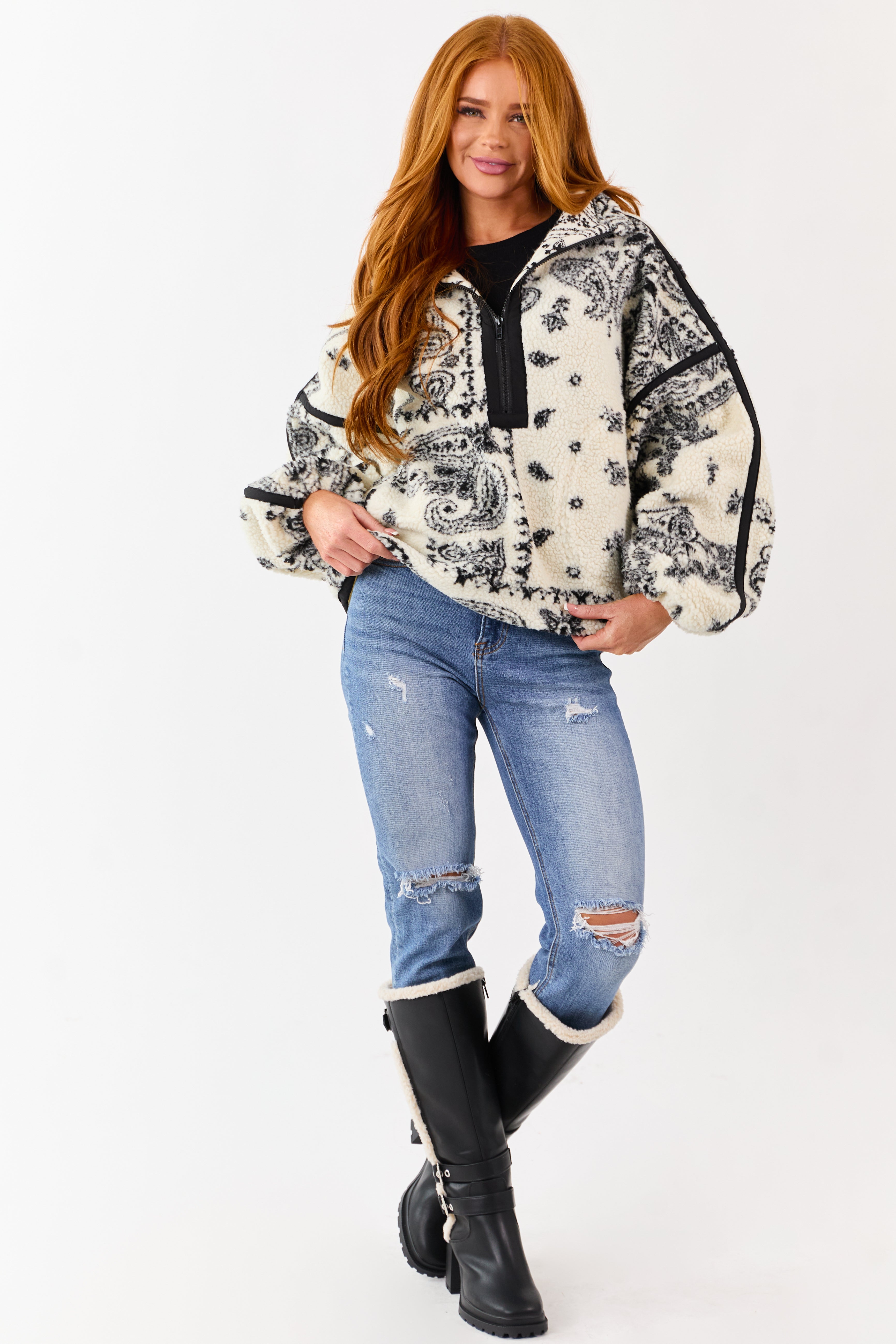 Cream Paisley Half Zip Up Sherpa Pullover Jacket | Lime Lush Boutique