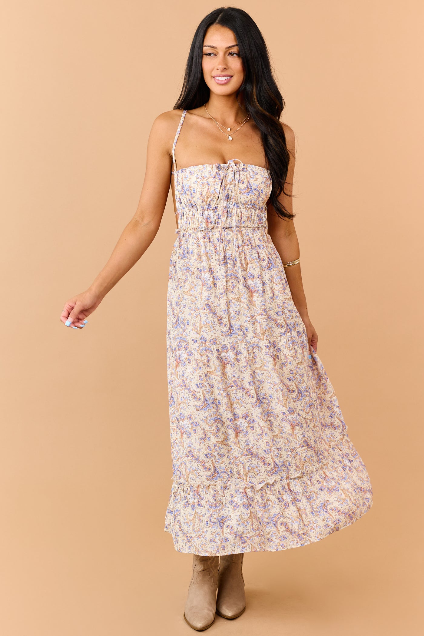 cream maxi dress Cream Paisley Print Open Back Maxi Dress