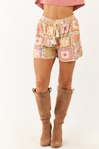 Cream Paisley Scarf Print Tassel Drawstring Shorts