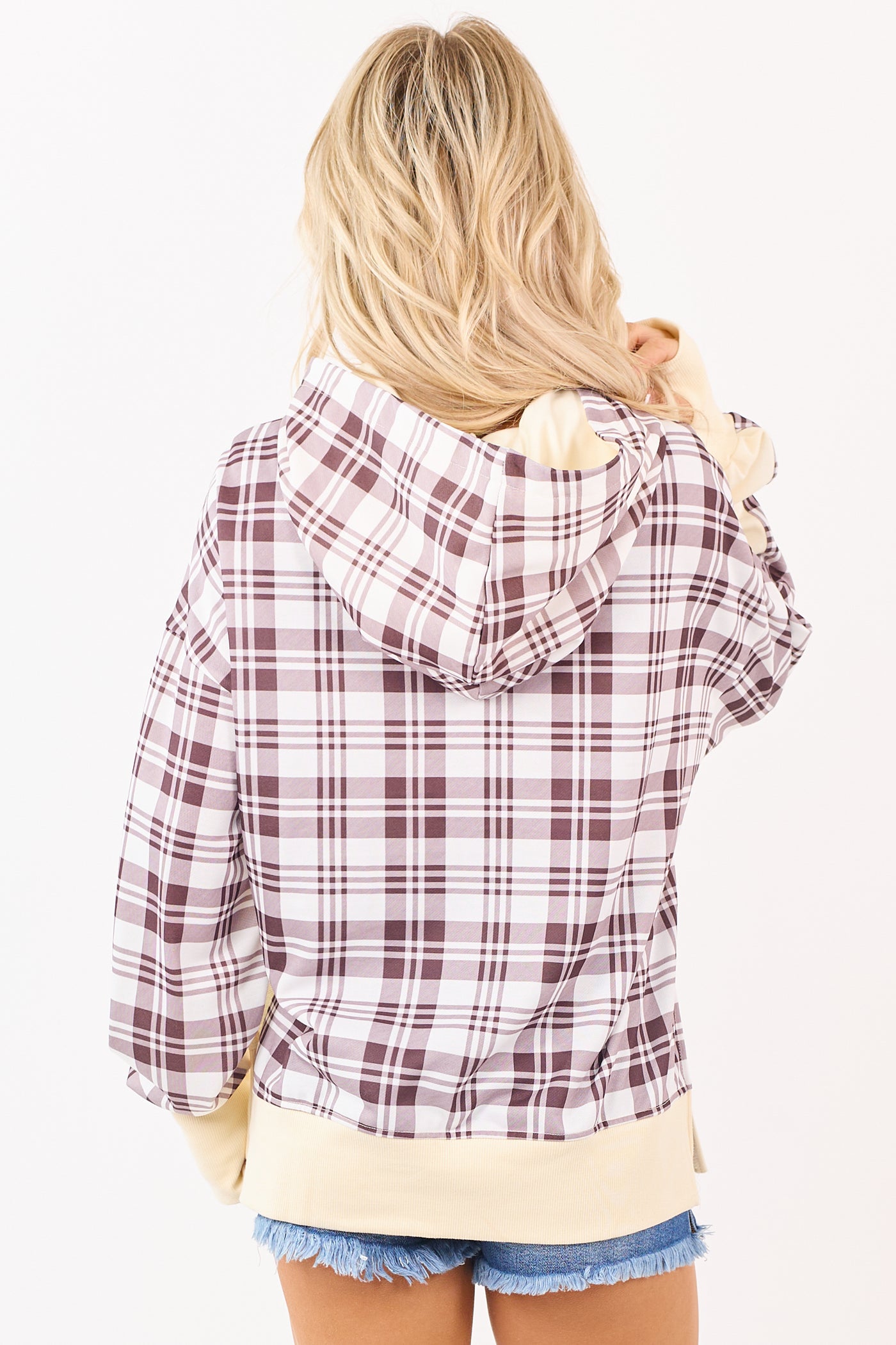 Cream Patchwork Plaid Sweatshirt Hoodie