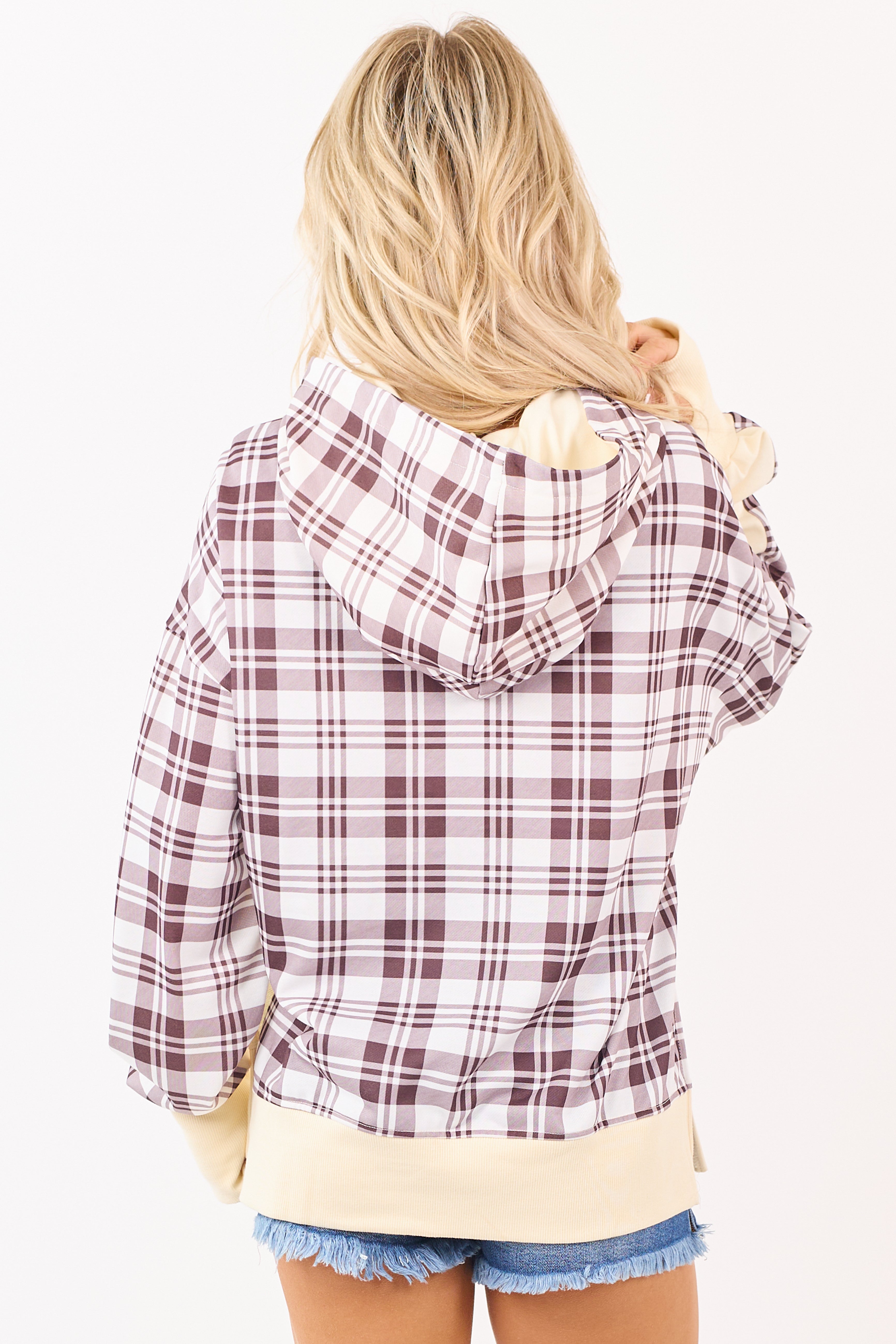 Cream Patchwork Plaid Sweatshirt Hoodie