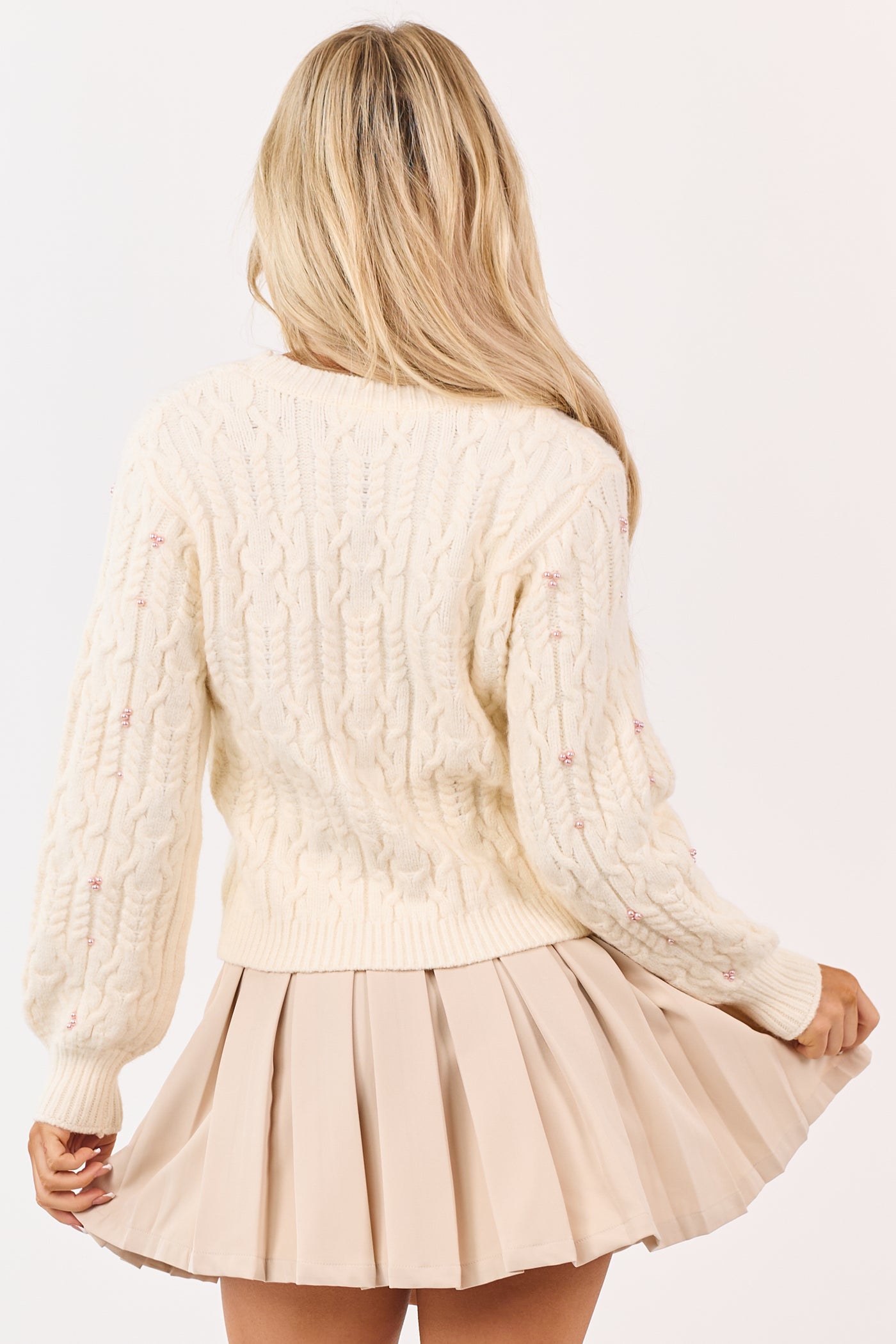 Cream Pearl Detailed Cable Knit Sweater
