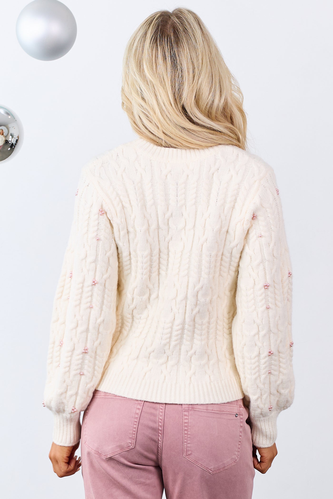 Cream Pearl Detailed Cable Knit Sweater