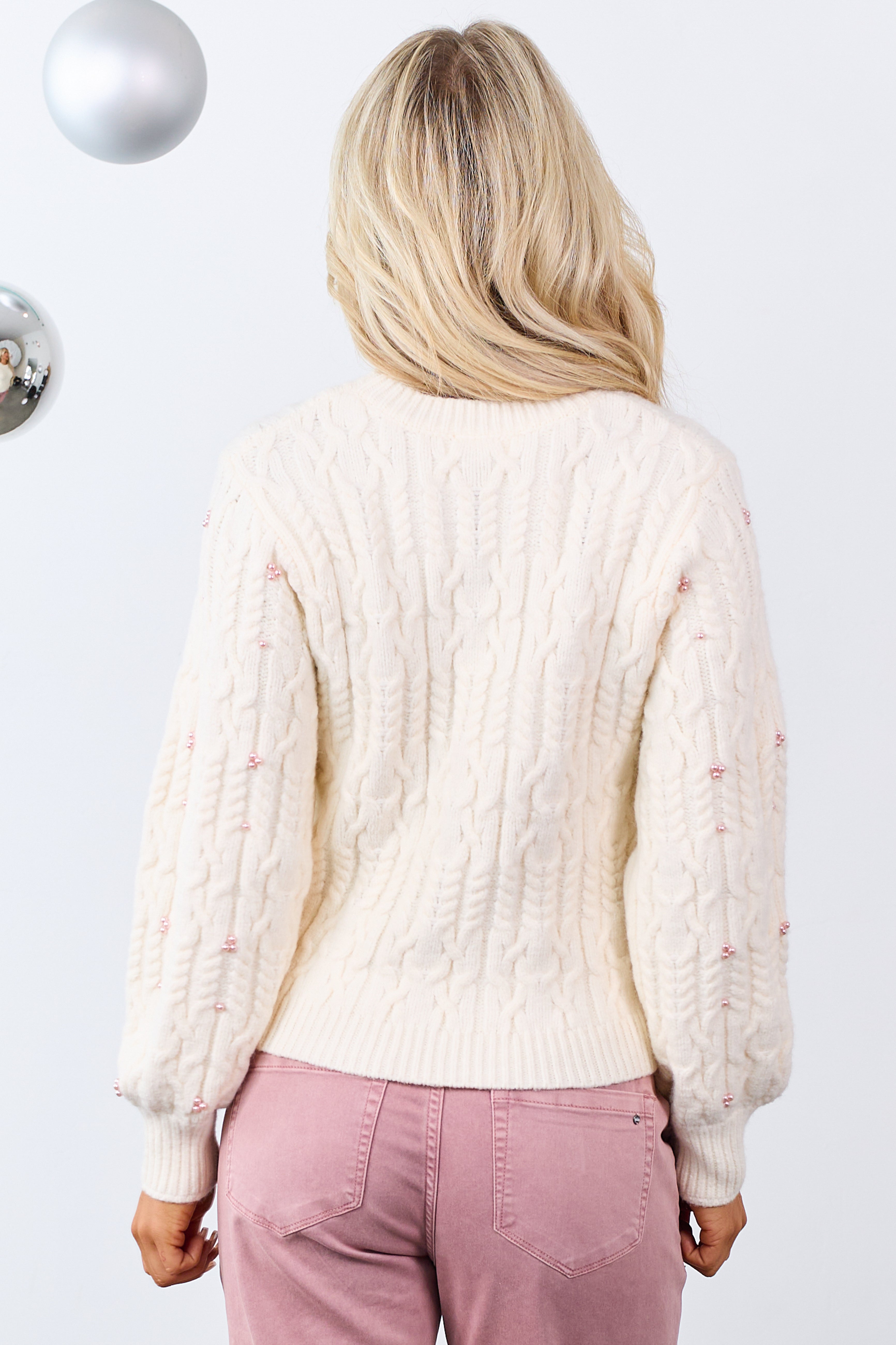 Cream Pearl Detailed Cable Knit Sweater