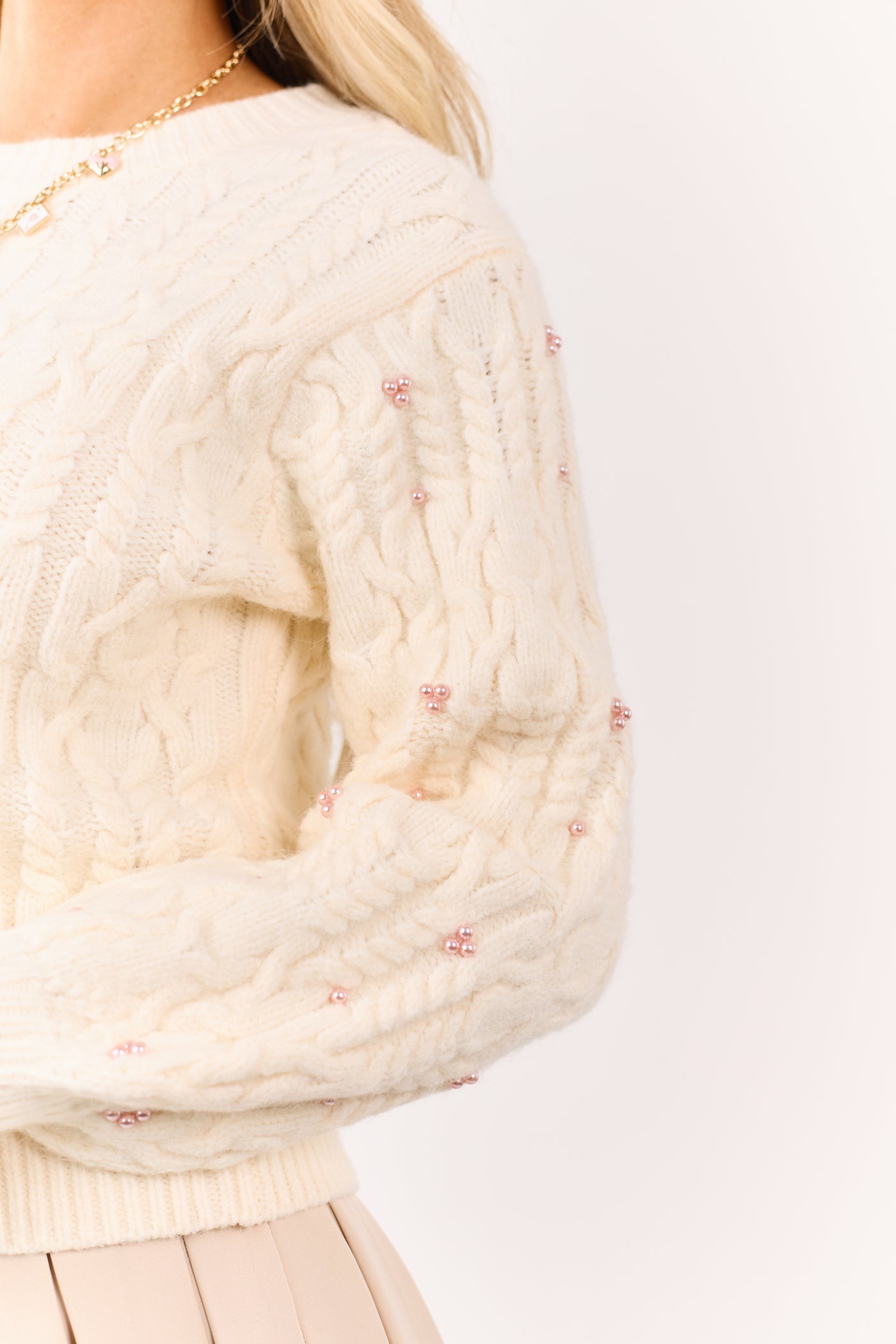 Cream Pearl Detailed Cable Knit Sweater