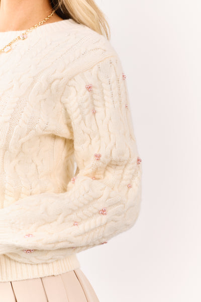 Cream Pearl Detailed Cable Knit Sweater