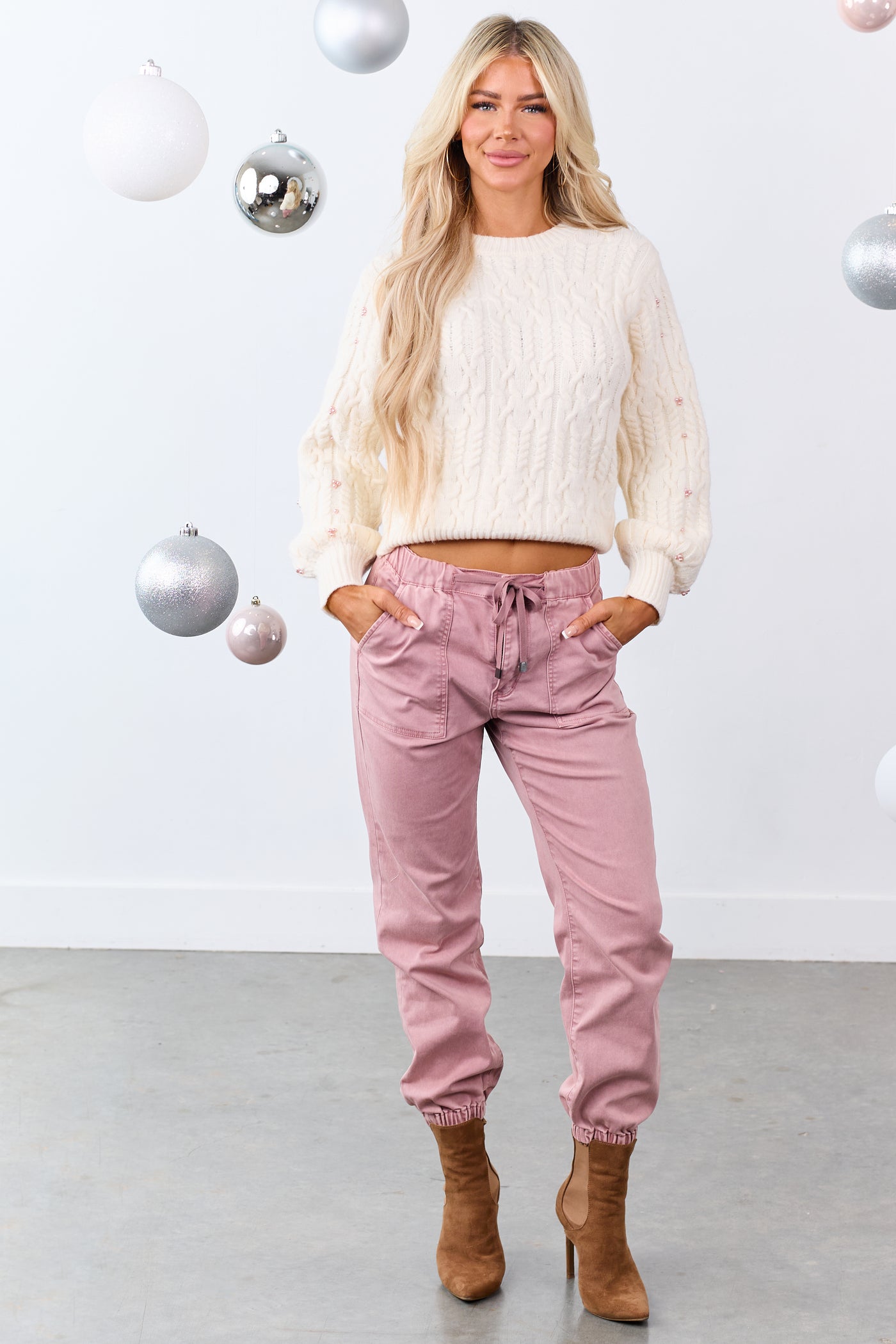 Cream Pearl Detailed Cable Knit Sweater