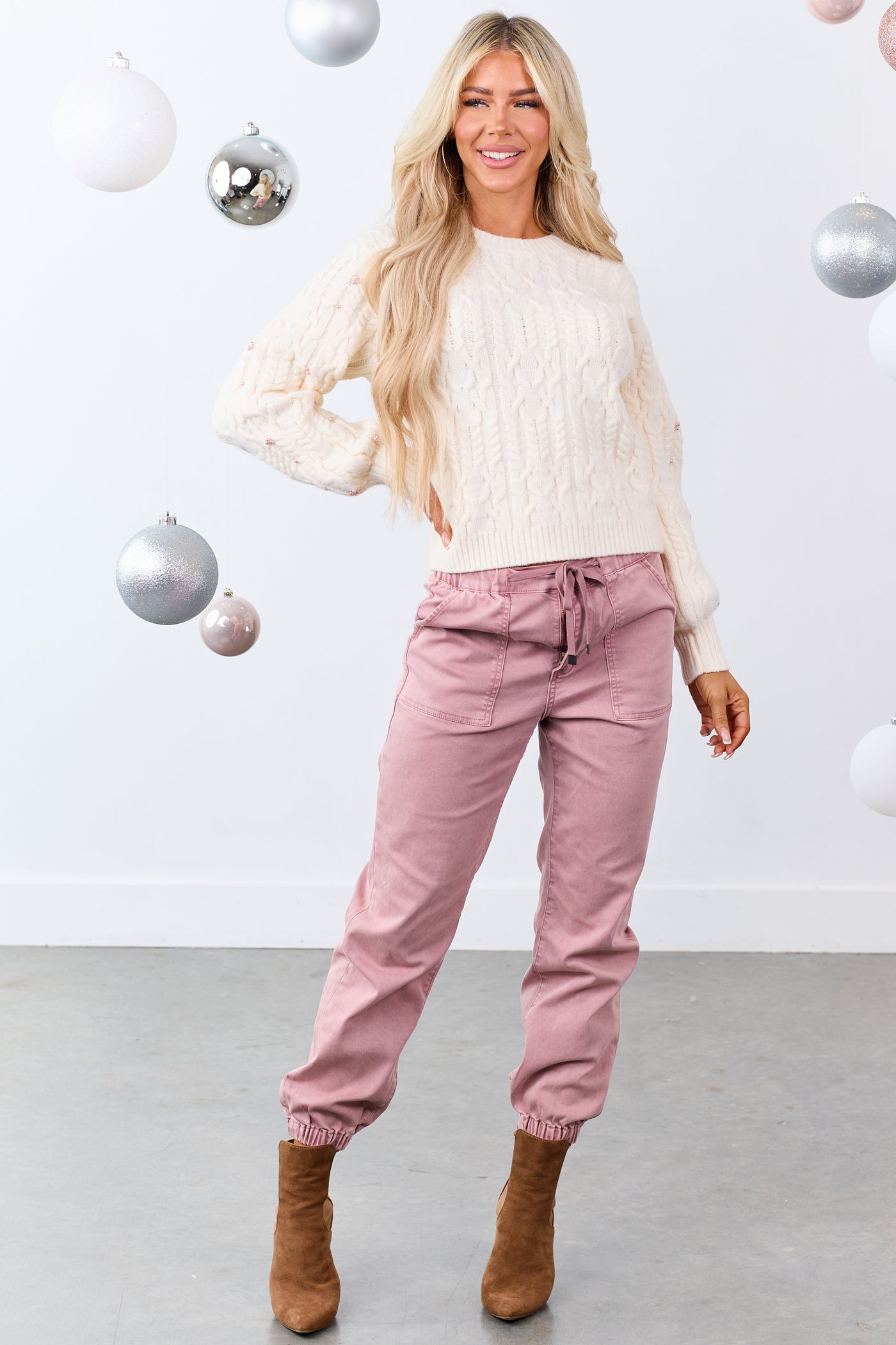 Cream Pearl Detailed Cable Knit Sweater