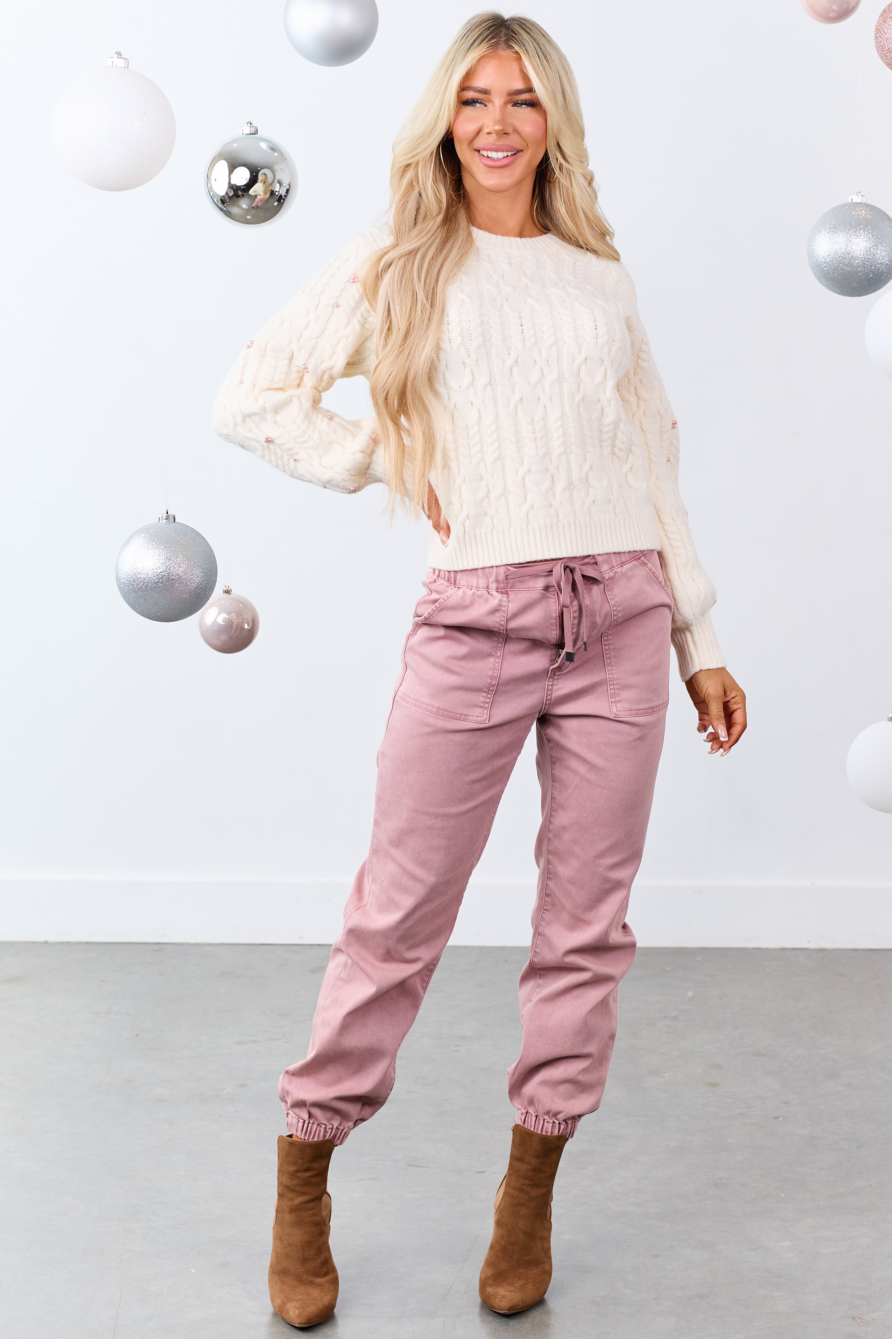 Cream Pearl Detailed Cable Knit Sweater