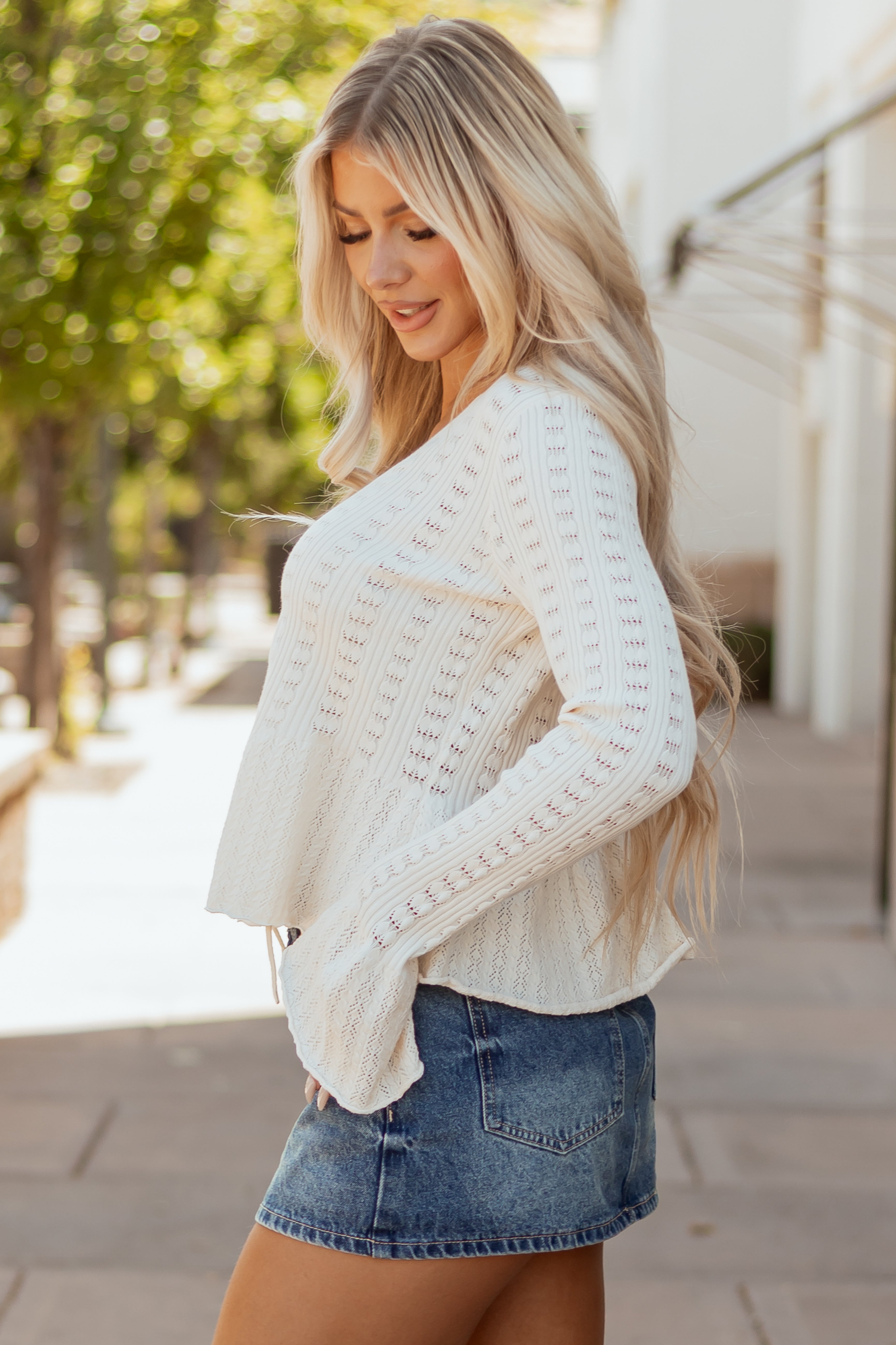 Cream Peplum Pointelle Knit Flare Cuff Cardigan